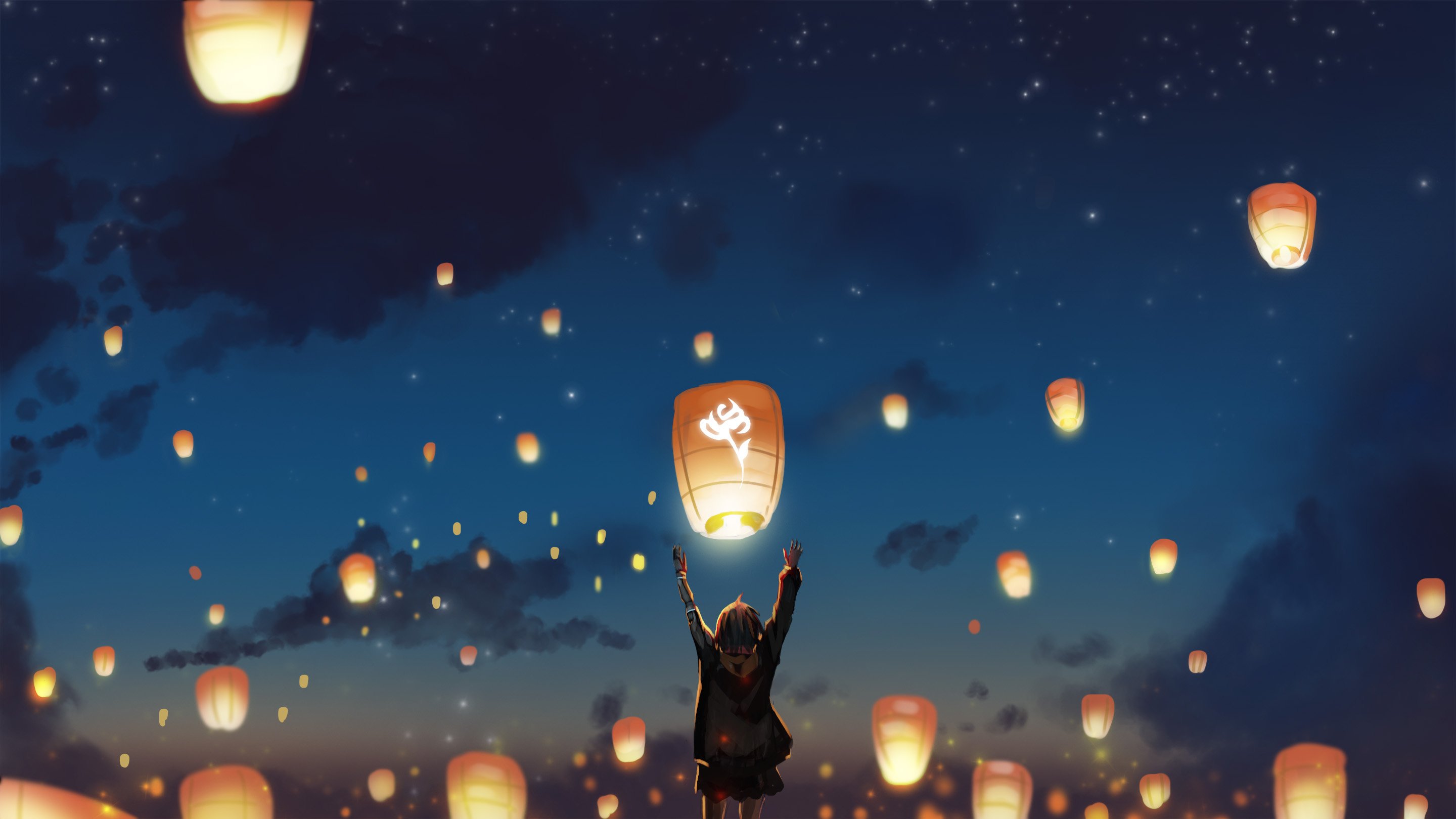 anime, original, lantern, night, sky