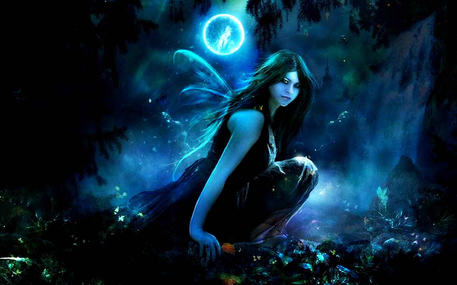 Download mobile wallpaper Fantasy, Night, Moon, Tree, Wings, Fairy for free.
