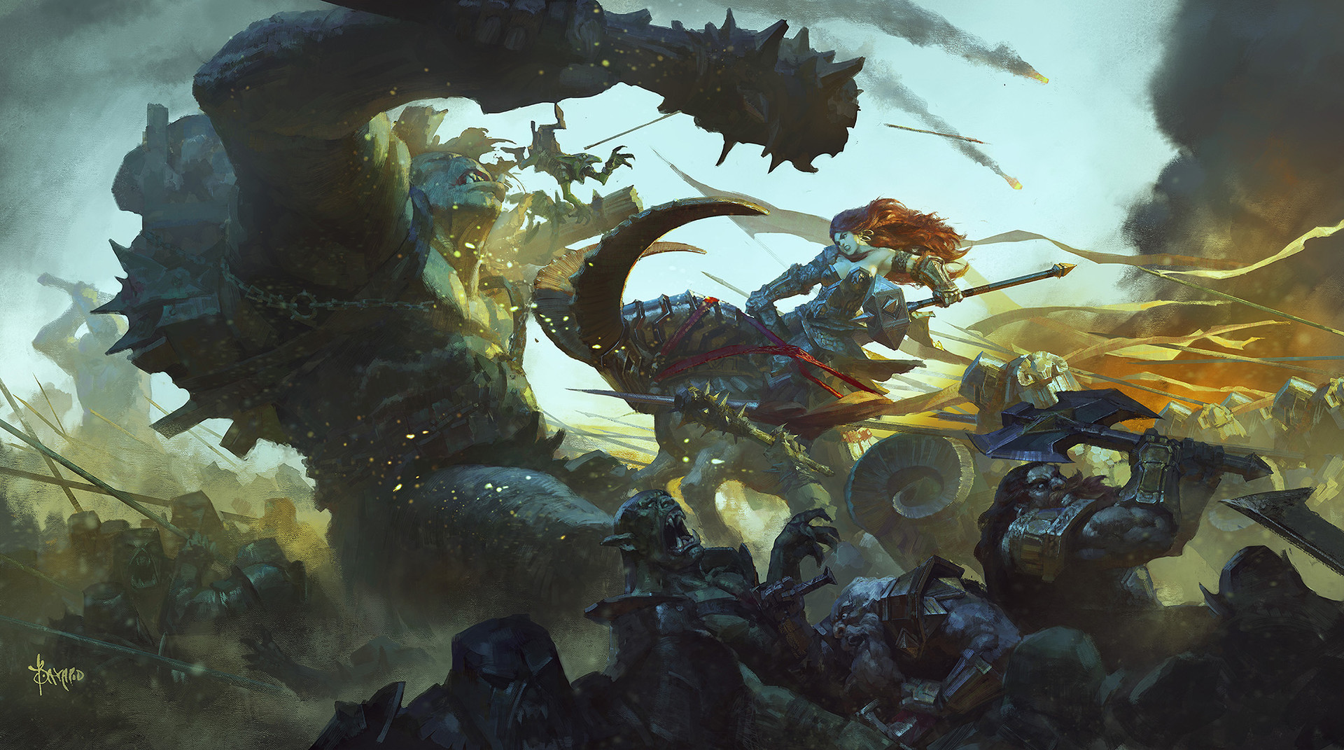 Download mobile wallpaper Fantasy, Warrior, Creature, Battle, Axe, Dwarf, Giant, Woman Warrior, Orc for free.