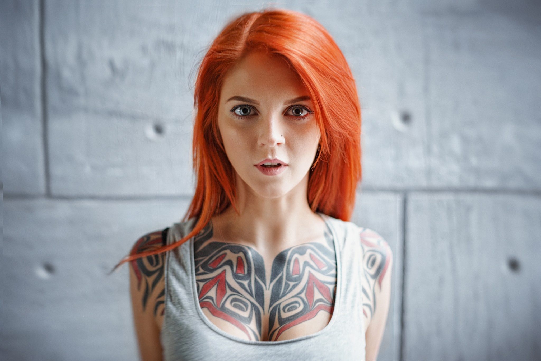 Free download wallpaper Tattoo, Model, Women, Blue Eyes, Orange Hair on your PC desktop