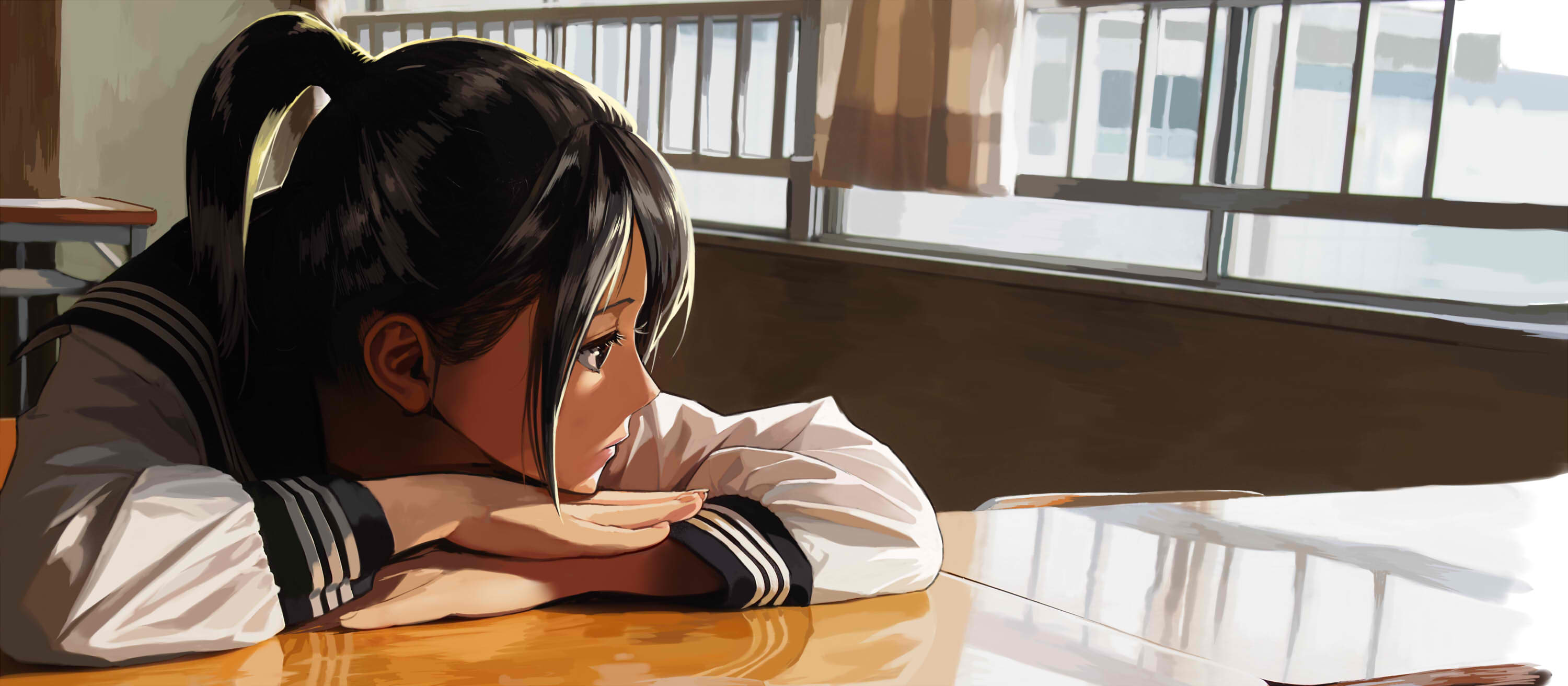 girl, anime, black eyes, black hair, ponytail, reflection, school uniform, short hair