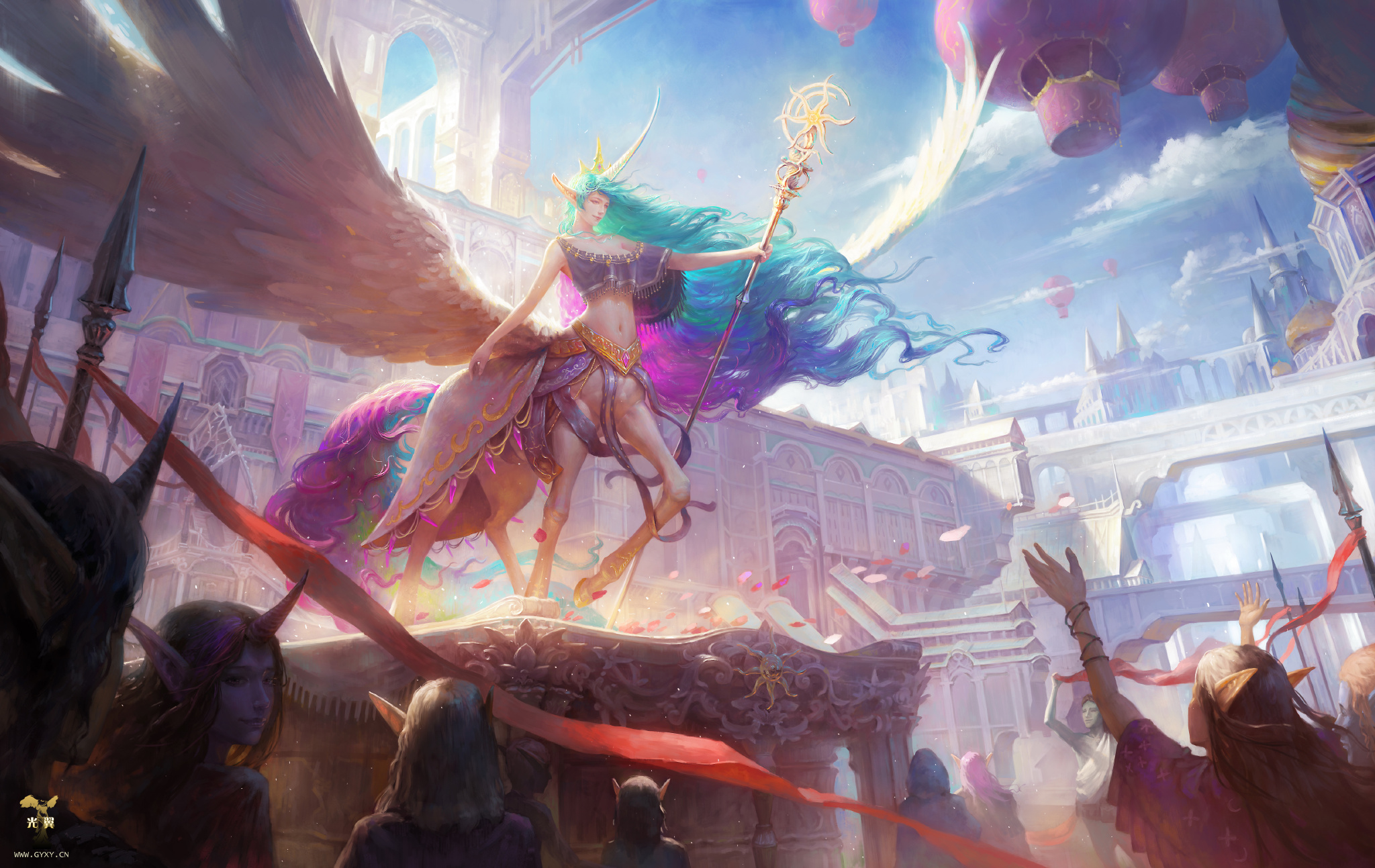 Download mobile wallpaper Fantasy, Wings, Creature, Elf, Staff for free.