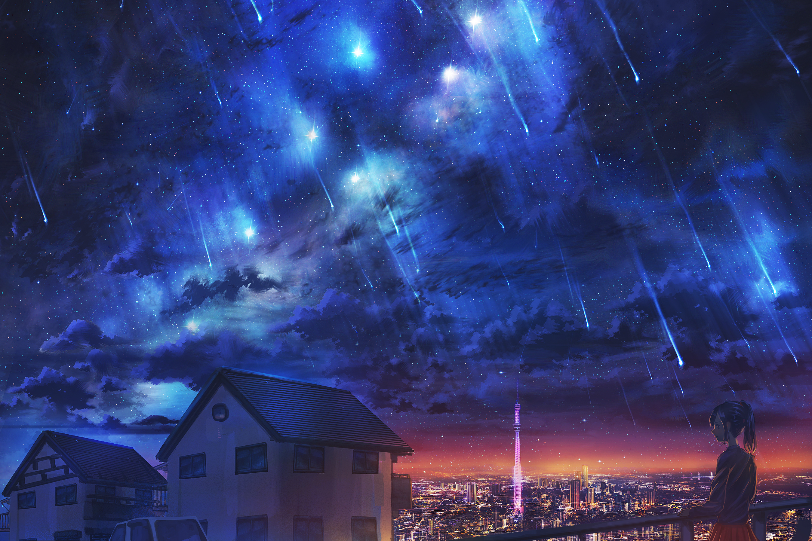 Laden Sie das Turm, Original, Sternschnuppe, Animes, Großstadt, Sternenklarer Himmel-Bild kostenlos auf Ihren PC-Desktop herunter