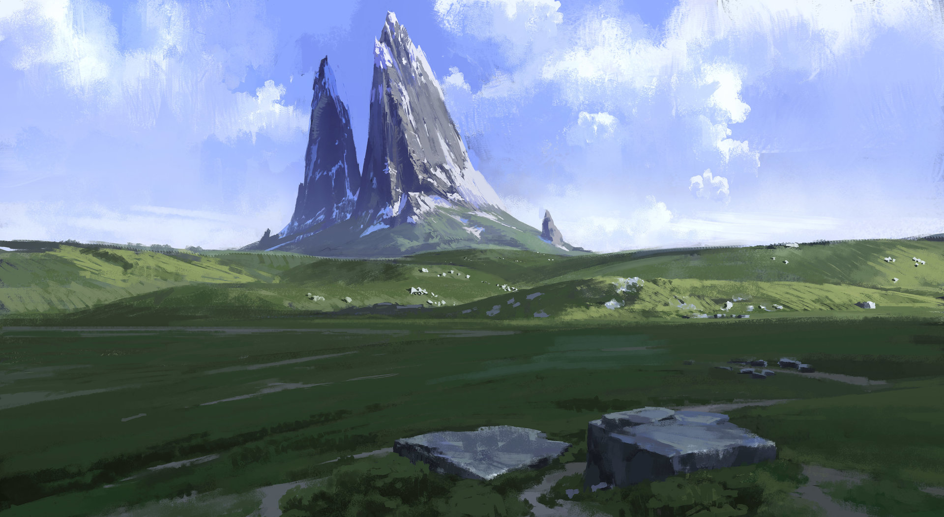 Download mobile wallpaper Landscape, Fantasy, Grass, Mountain for free.