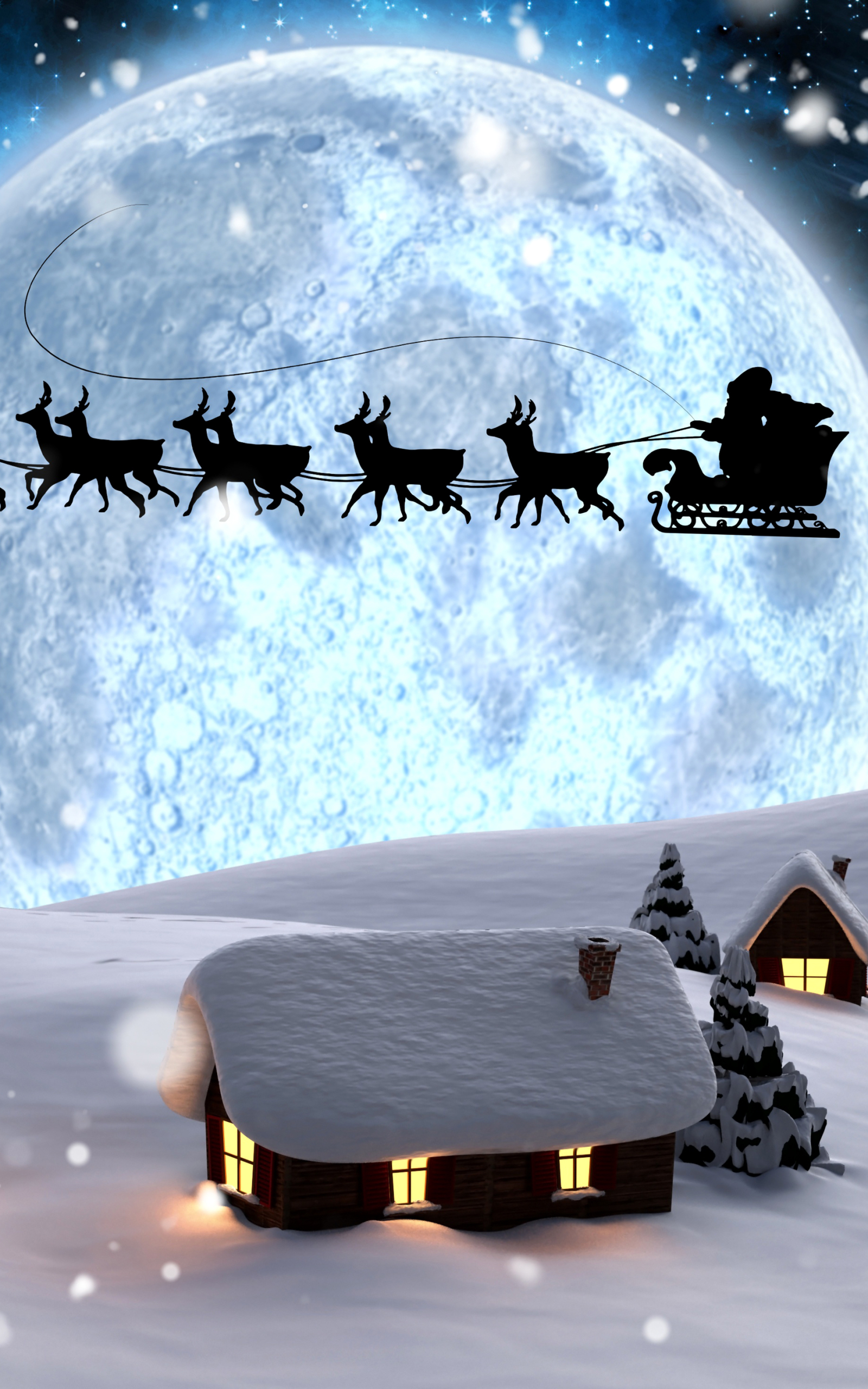 Download mobile wallpaper Winter, Night, Moon, Snow, Silhouette, Christmas, Holiday, Sleigh, Snowfall, Reindeer for free.