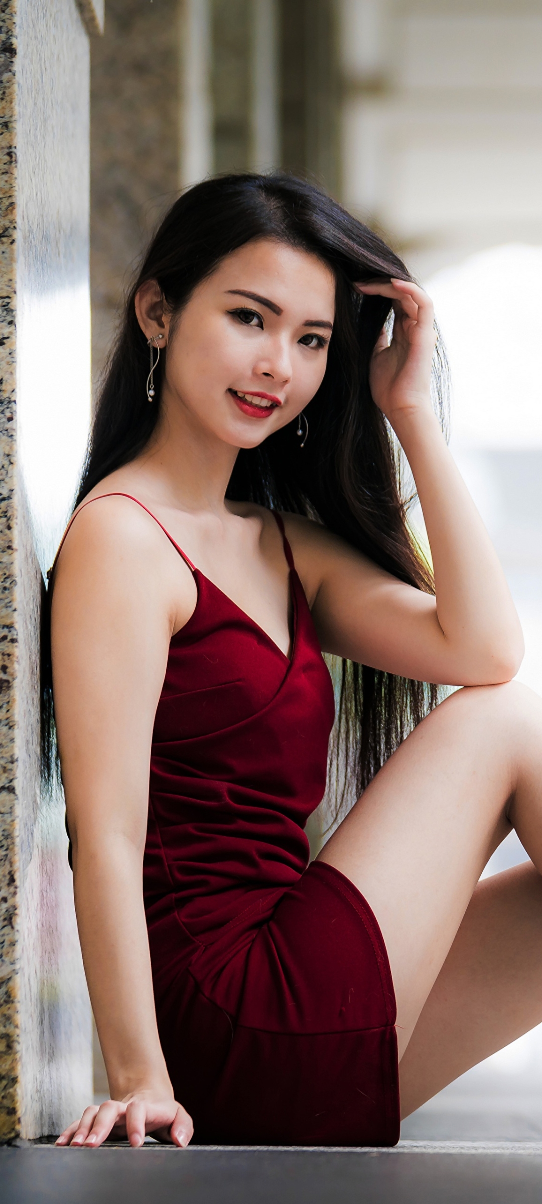 Download mobile wallpaper Model, Women, Asian, Red Dress, Depth Of Field for free.