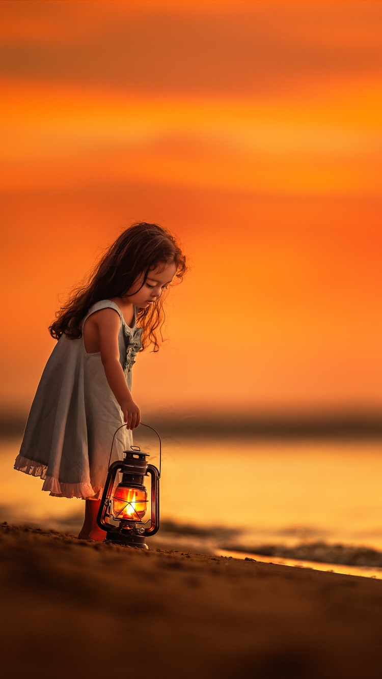 Download mobile wallpaper Sunset, Beach, Lantern, Child, Cute, Photography, Little Girl for free.