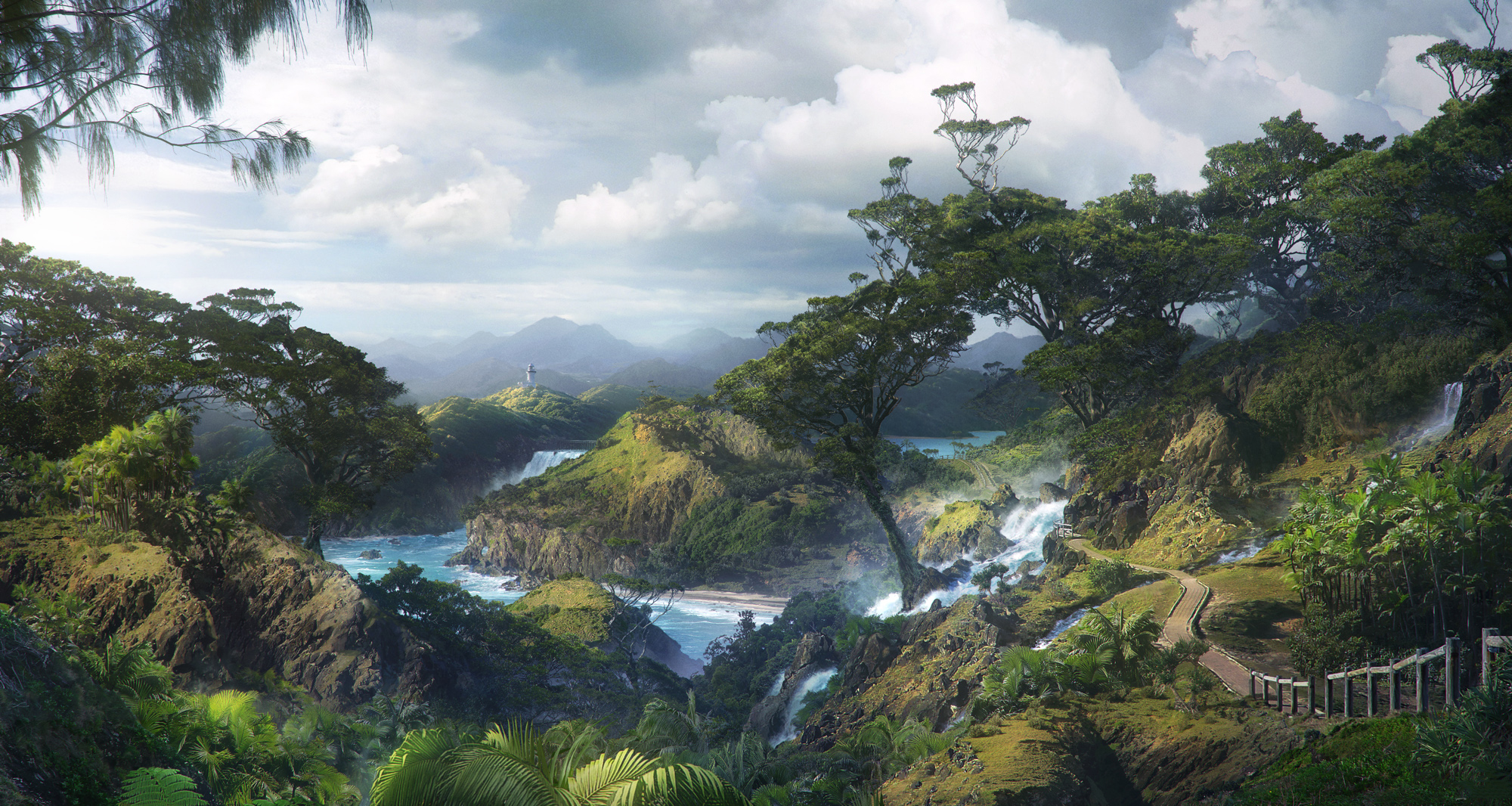 Free download wallpaper Landscape, Fantasy, Sky, Mountain, Road, Forest, Tree, Cloud, River on your PC desktop