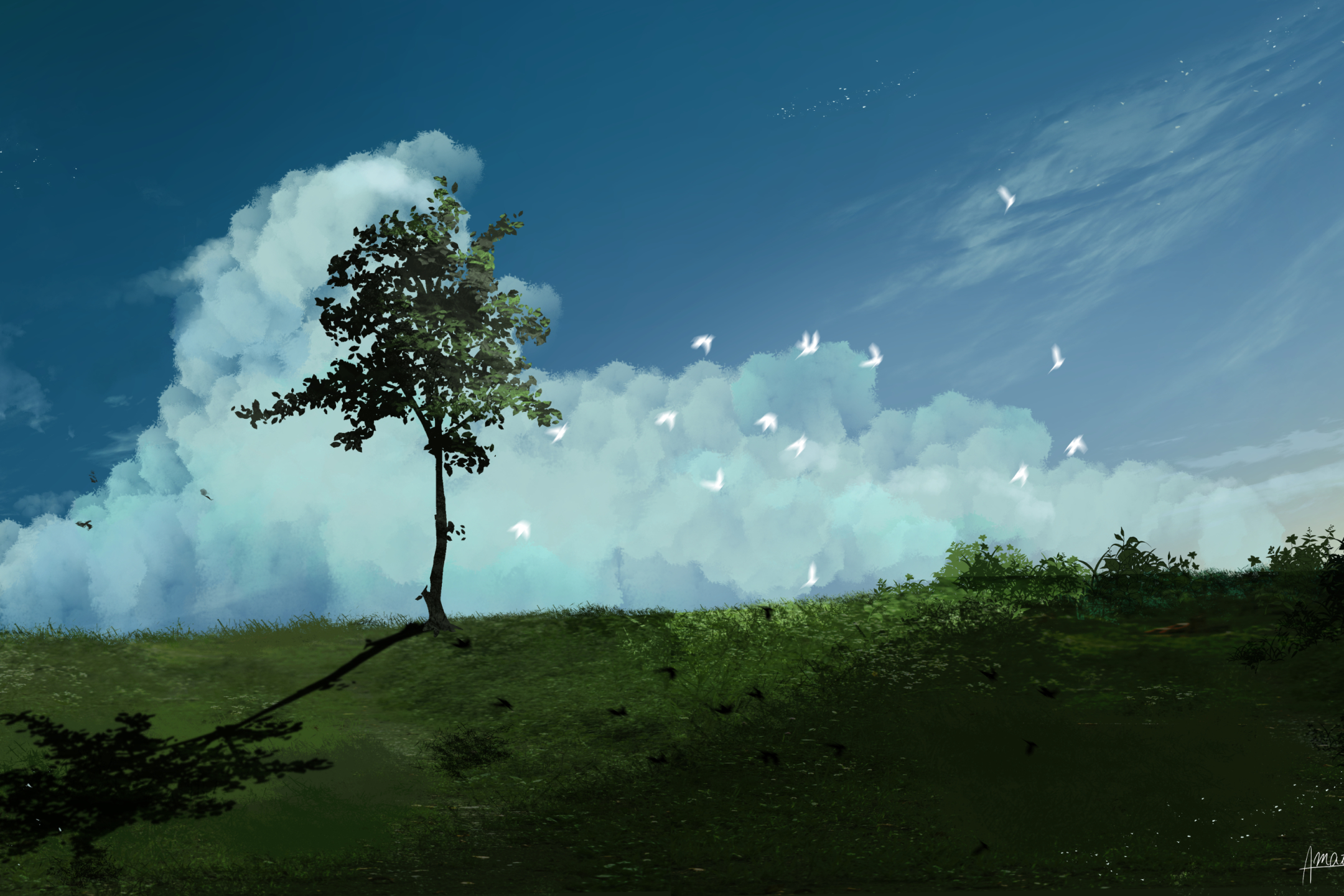 Handy-Wallpaper Landschaft, Vogel, Baum, Animes kostenlos herunterladen.