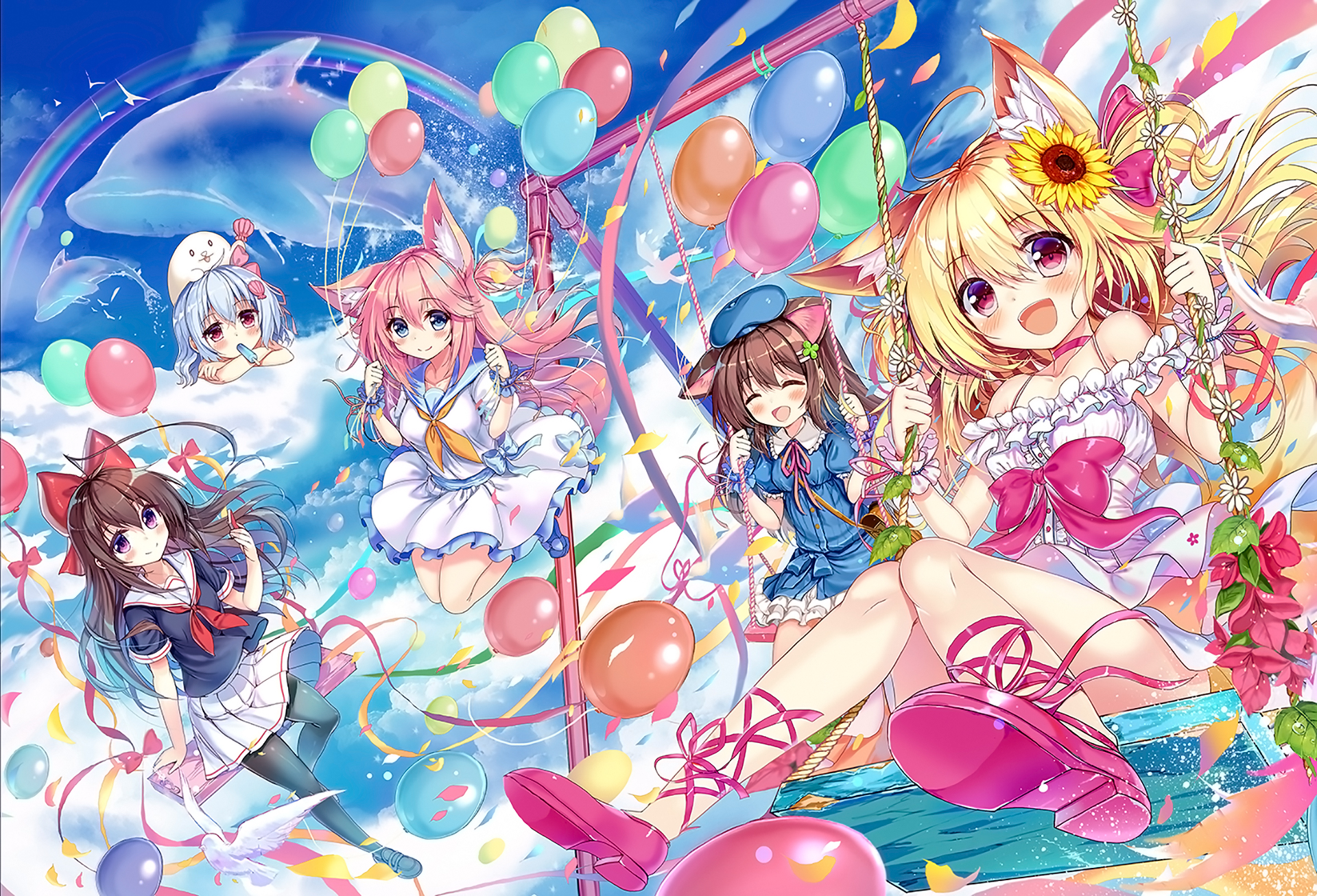 Download mobile wallpaper Anime, Rainbow, Flower, Balloon, Dolphin, Blonde, Sunflower, Dress, Original, Pink Hair, School Uniform, Brown Hair, White Hair, Nekomimi for free.