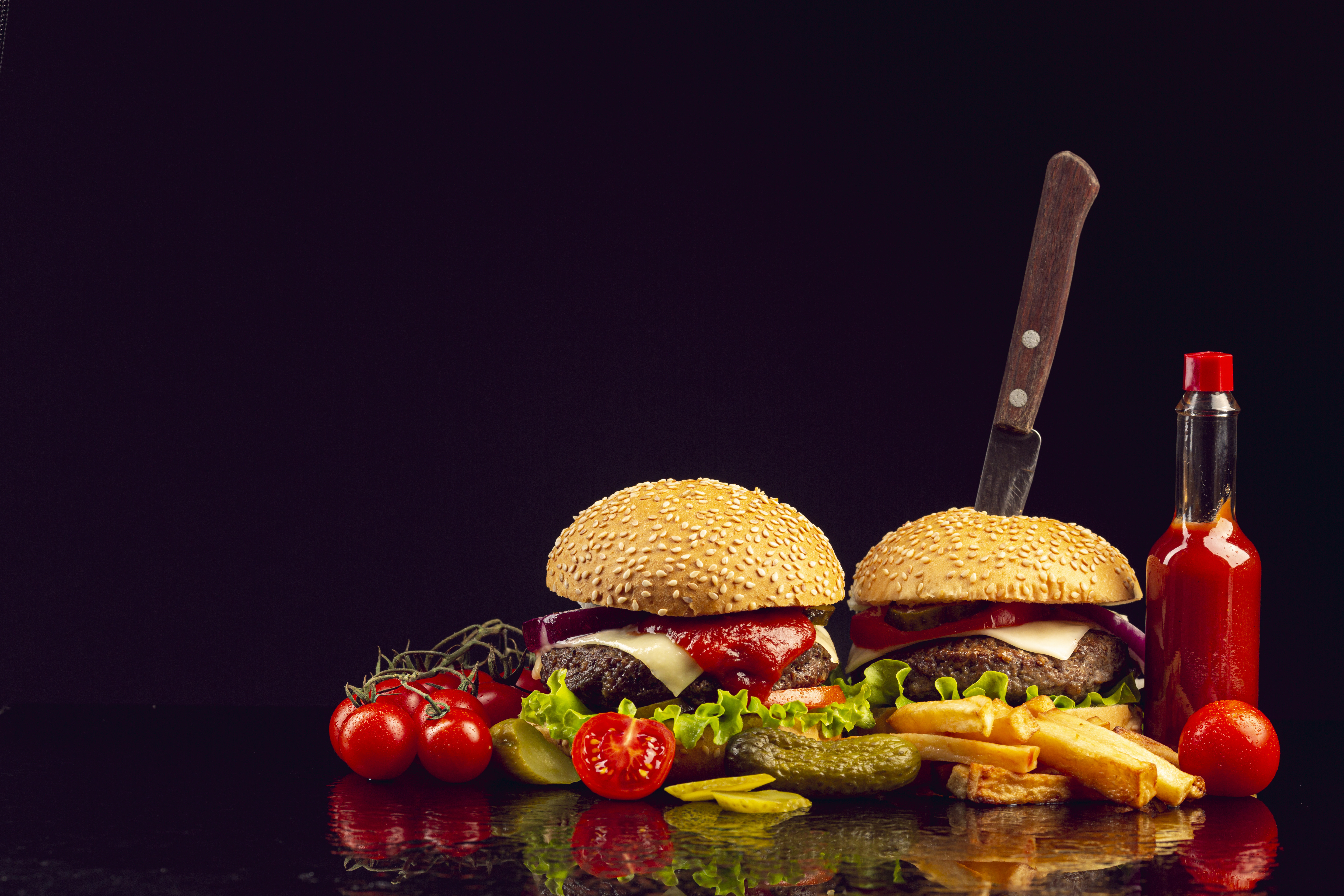 Download mobile wallpaper Food, Still Life, Tomato, Burger, French Fries for free.