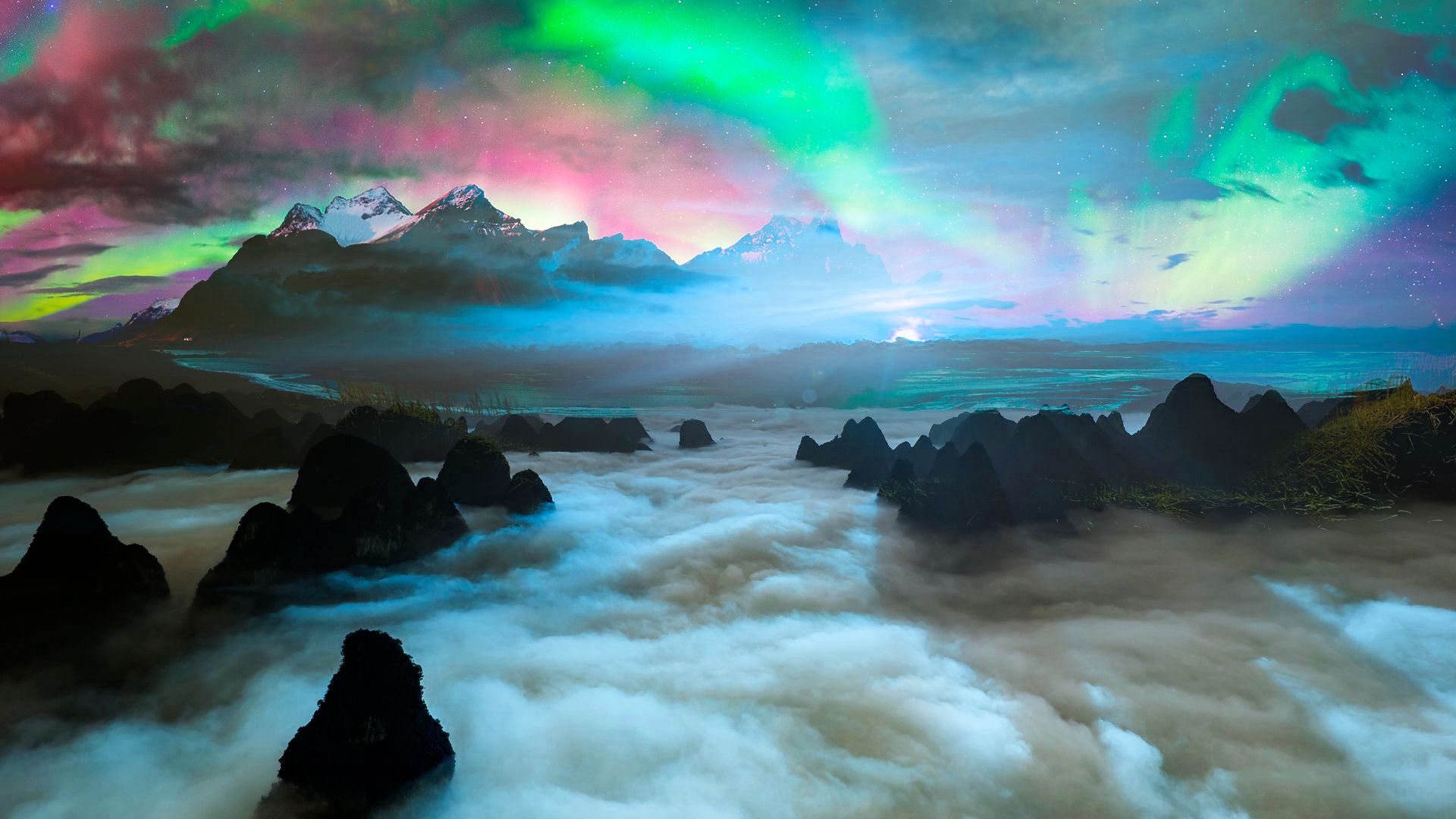 Download mobile wallpaper Landscape, Sky, Mountain, Earth, Aurora Borealis, Cloud for free.