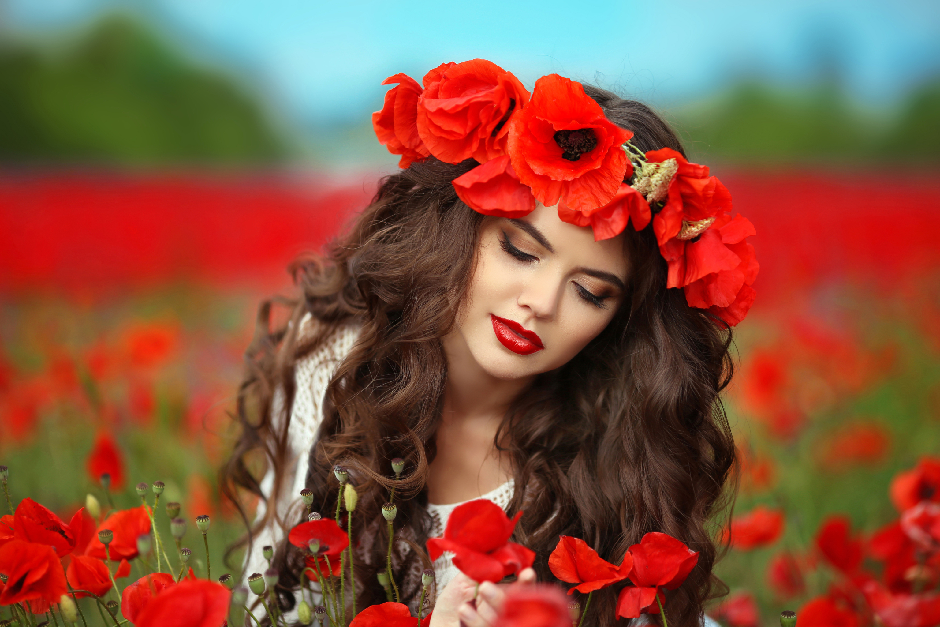 Laden Sie das Mohn, Blume, Gesicht, Brünette, Modell, Frauen, Rote Blume, Lippenstift-Bild kostenlos auf Ihren PC-Desktop herunter