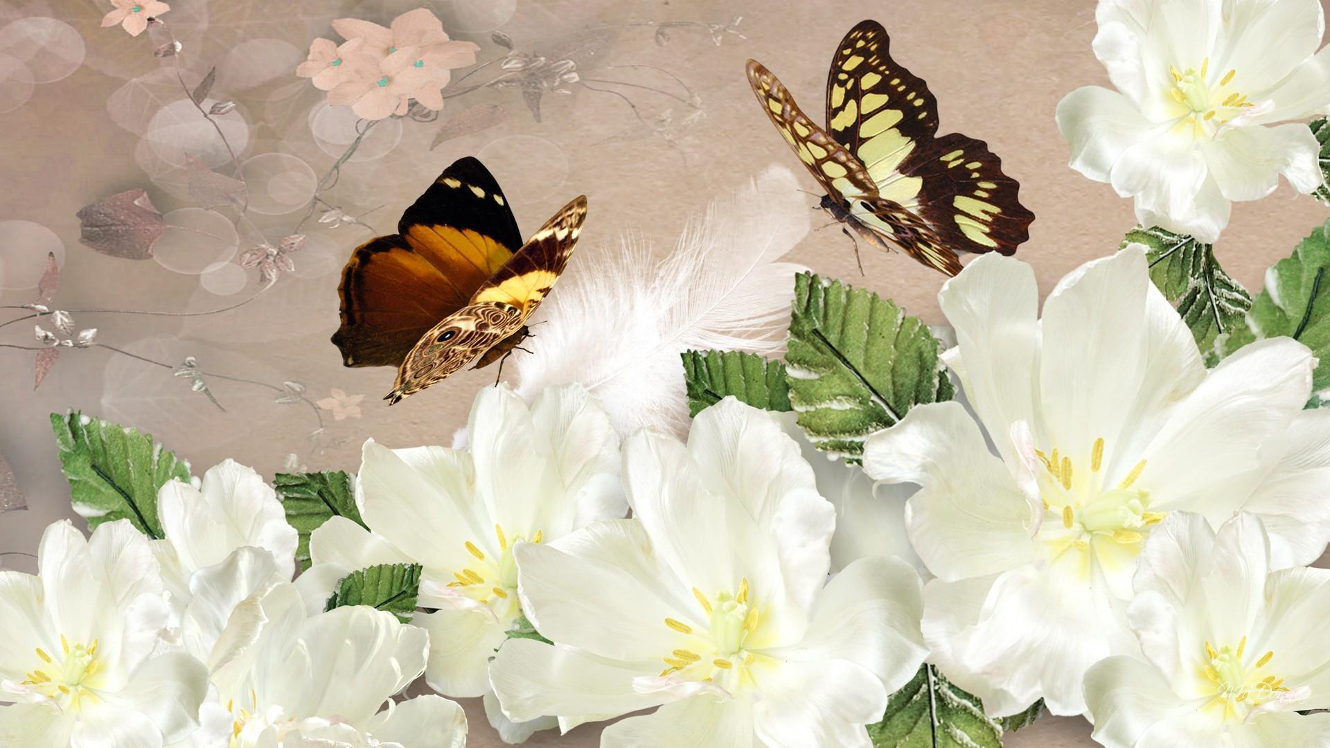 Download mobile wallpaper Flowers, Flower, Leaf, Butterfly, Artistic, White Flower for free.