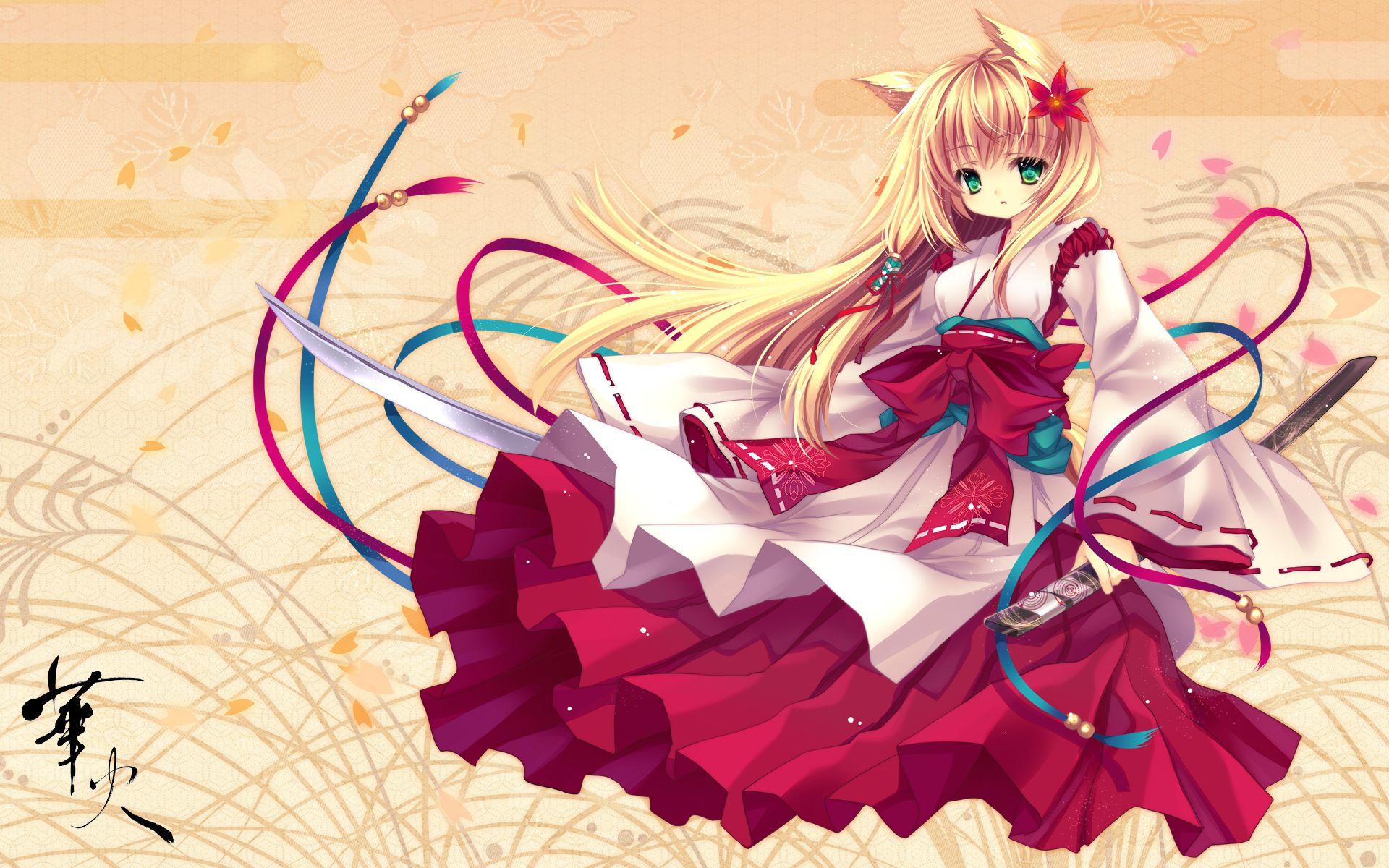 Laden Sie das Blume, Kimono, Schwert, Original, Animes, Lange Haare, Braune Haare, Miko Outfit, Schleife (Kleidung)-Bild kostenlos auf Ihren PC-Desktop herunter