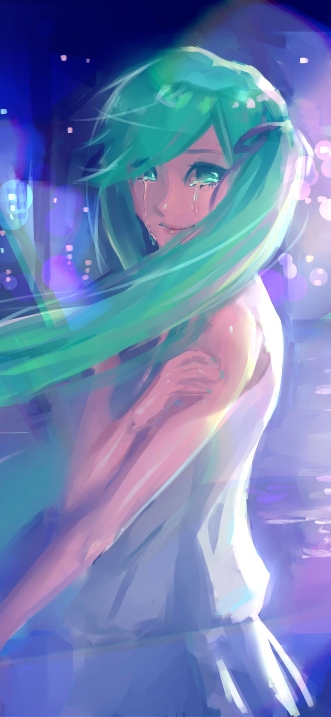 Download mobile wallpaper Anime, Vocaloid, Green Hair, Green Eyes, Tears, Hatsune Miku, Long Hair, Twintails for free.