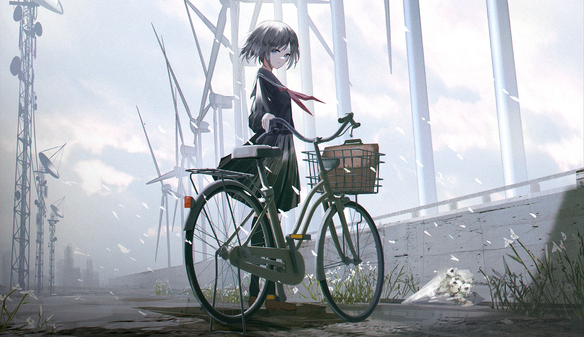 Free download wallpaper Anime, Girl, Bicycle, Wind Turbine on your PC desktop