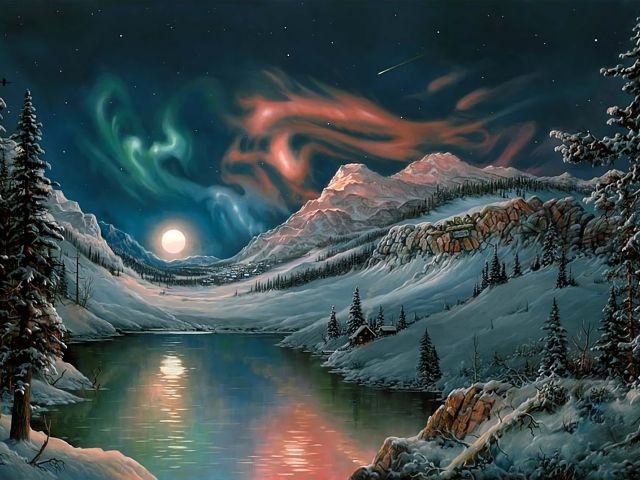 Download mobile wallpaper Winter, Sky, Night, Moon, Mountain, Lake, Artistic for free.