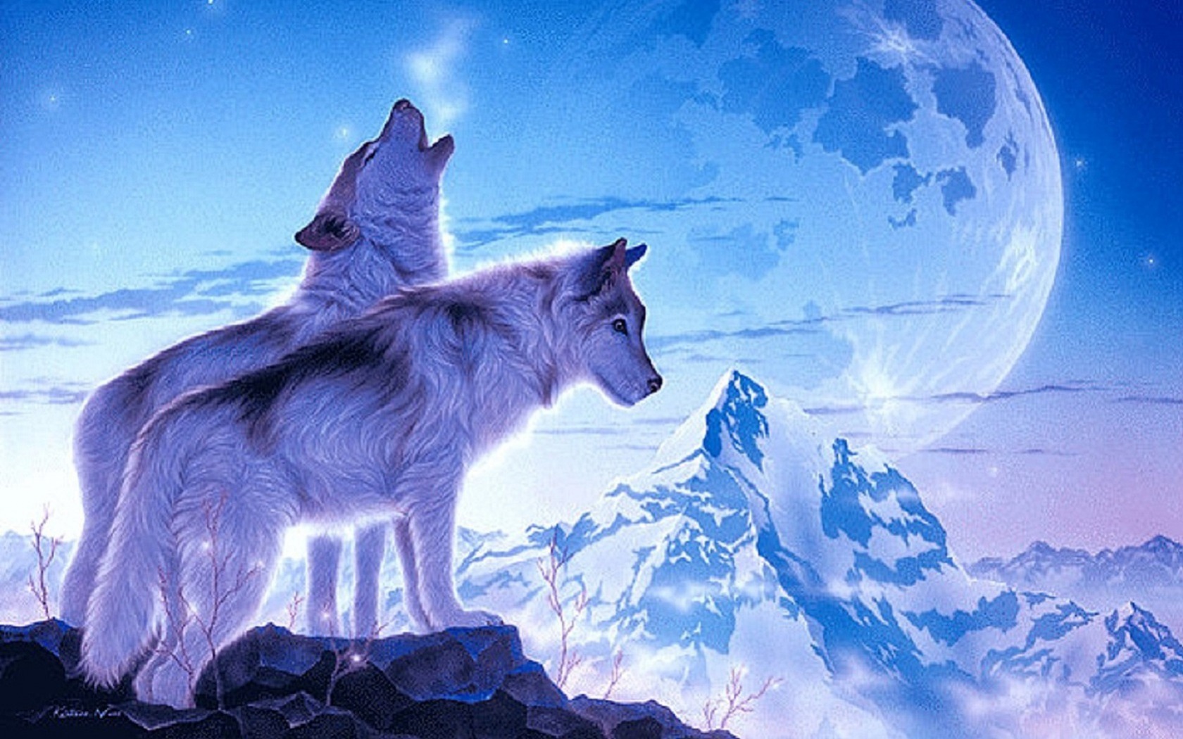 無料モバイル壁紙動物, 冬, 山, 月, 狼をダウンロードします。