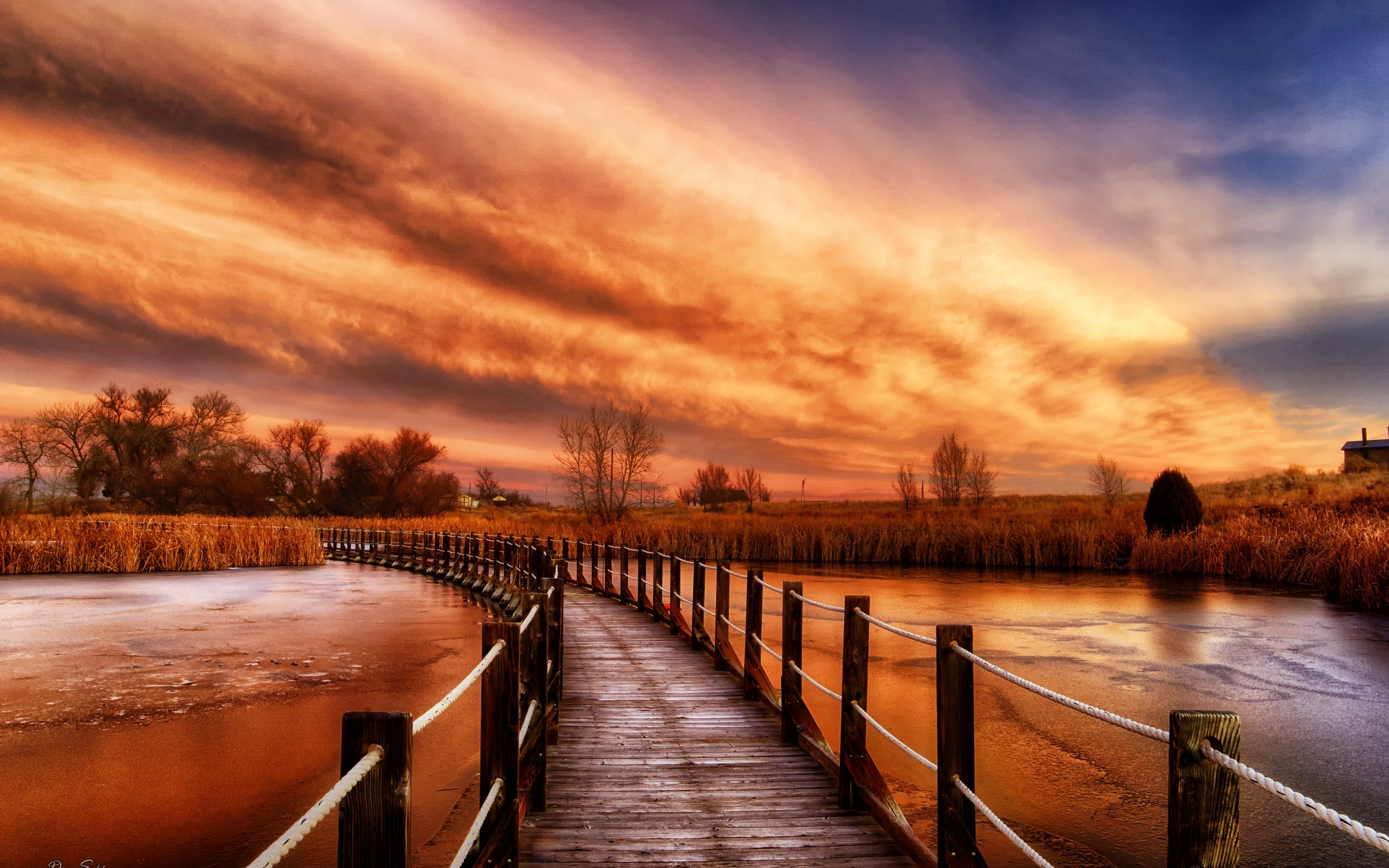Download mobile wallpaper Sunset, Sky, Lake, Path, Boardwalk, Man Made for free.