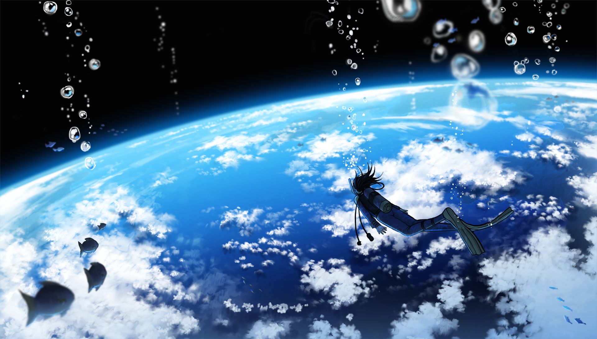 Download mobile wallpaper Anime, Water, Earth, Cloud, Fish, Bubble, Original for free.