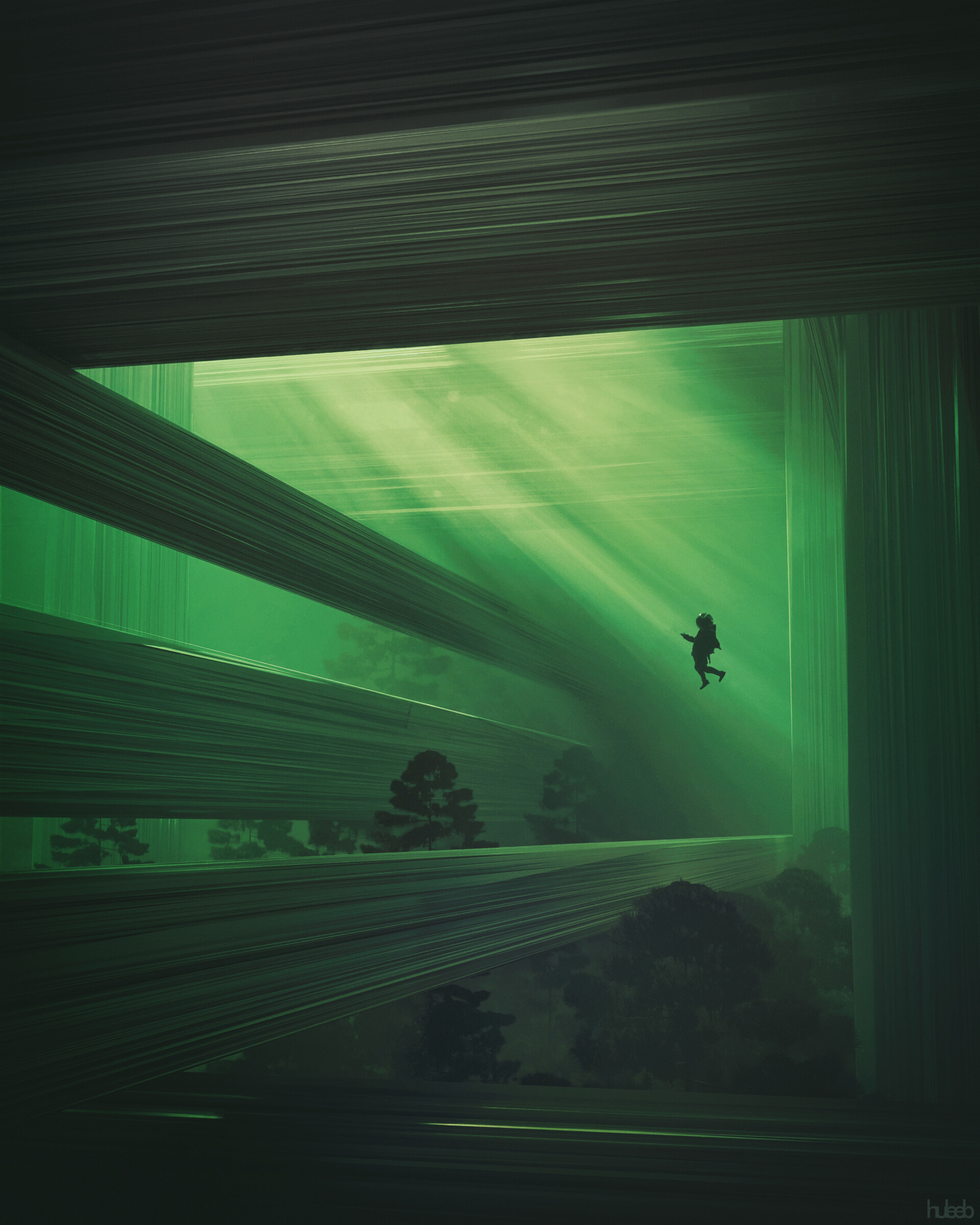 space suit, art, trees, fantasy, beams, rays, human, person, loneliness, spacesuit