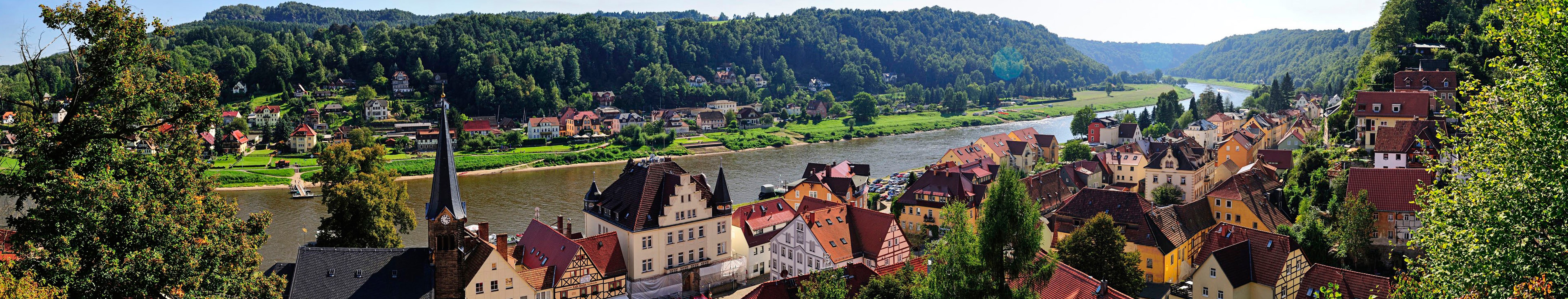 Download mobile wallpaper Mountain, Tree, Panorama, Hill, River, Germany, Photography, Town, Europe for free.
