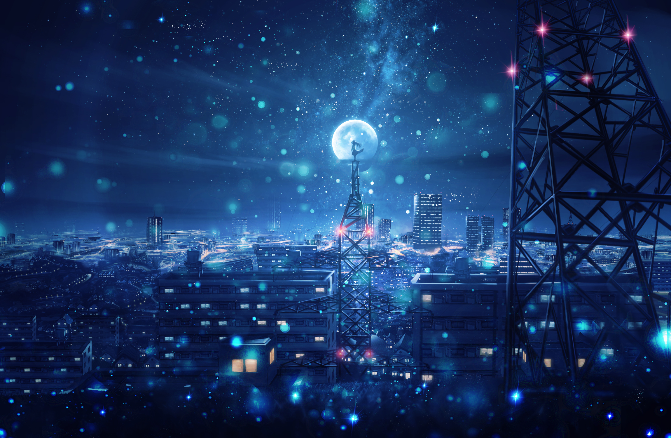 930832 скачать обои ночь, небо, свет, снегопад, токийская башня, луна, город, аниме - заставки и картинки бесплатно