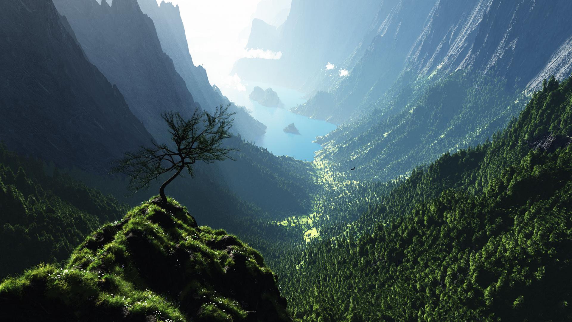 622486 descargar imagen naturaleza, árbol, paisaje, fantasía, montaña: fondos de pantalla y protectores de pantalla gratis