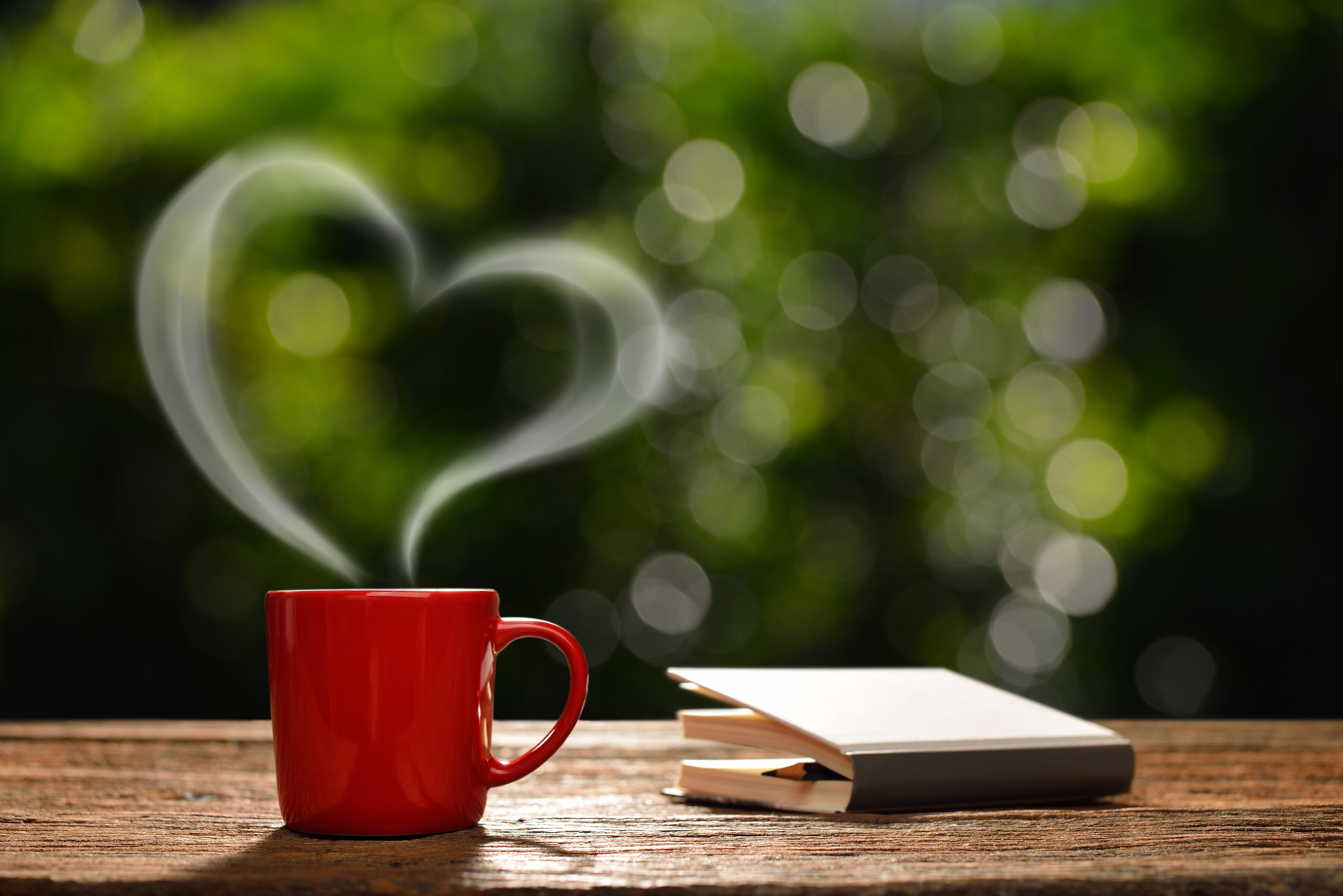 Download mobile wallpaper Food, Coffee, Cup, Book, Bokeh, Heart Shaped for free.