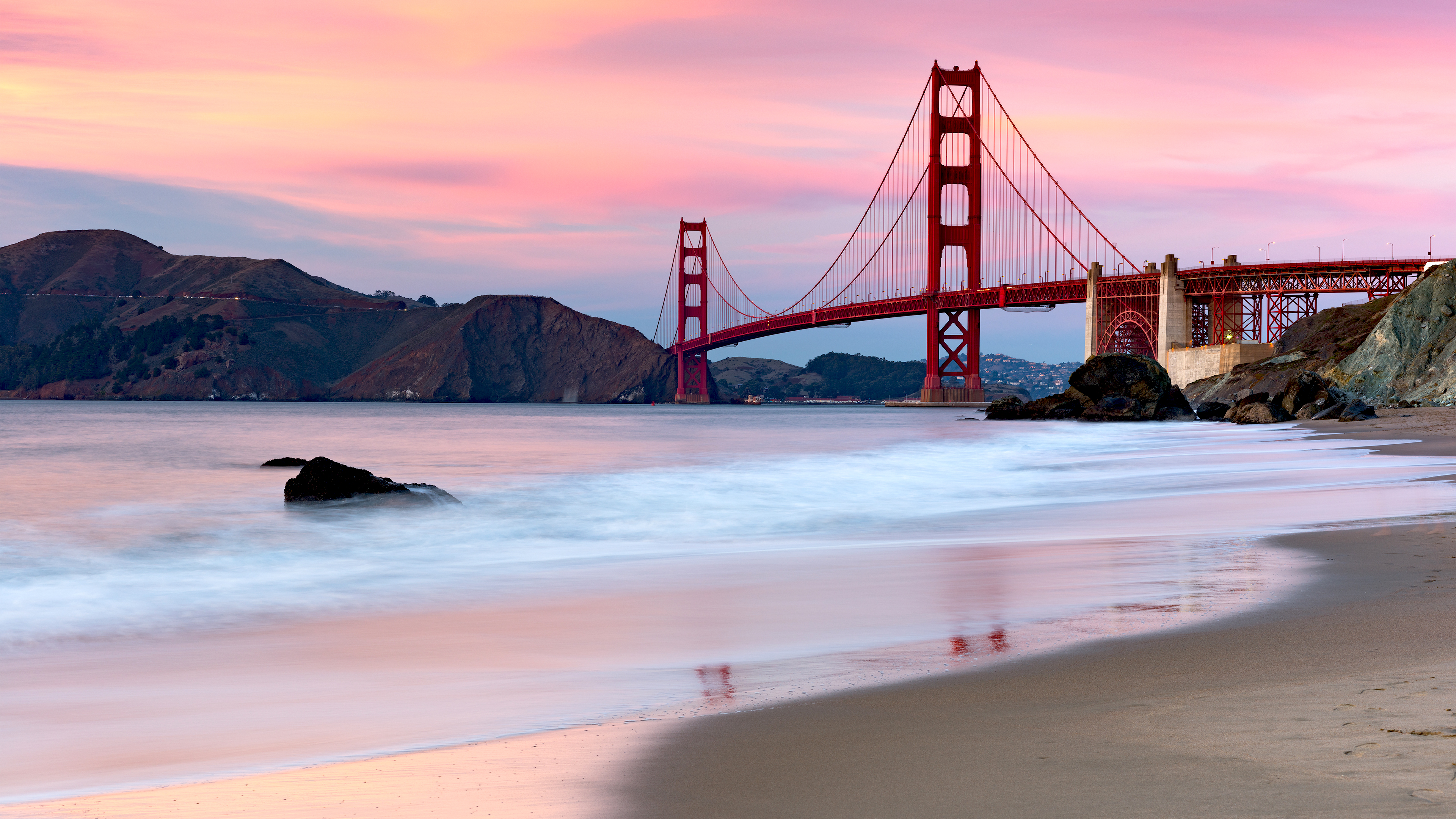 Скачать обои бесплатно Мосты, Закат, Пляж, Мост, Вечер, Сан Франциско, Золотые Ворота, Сделано Человеком картинка на рабочий стол ПК