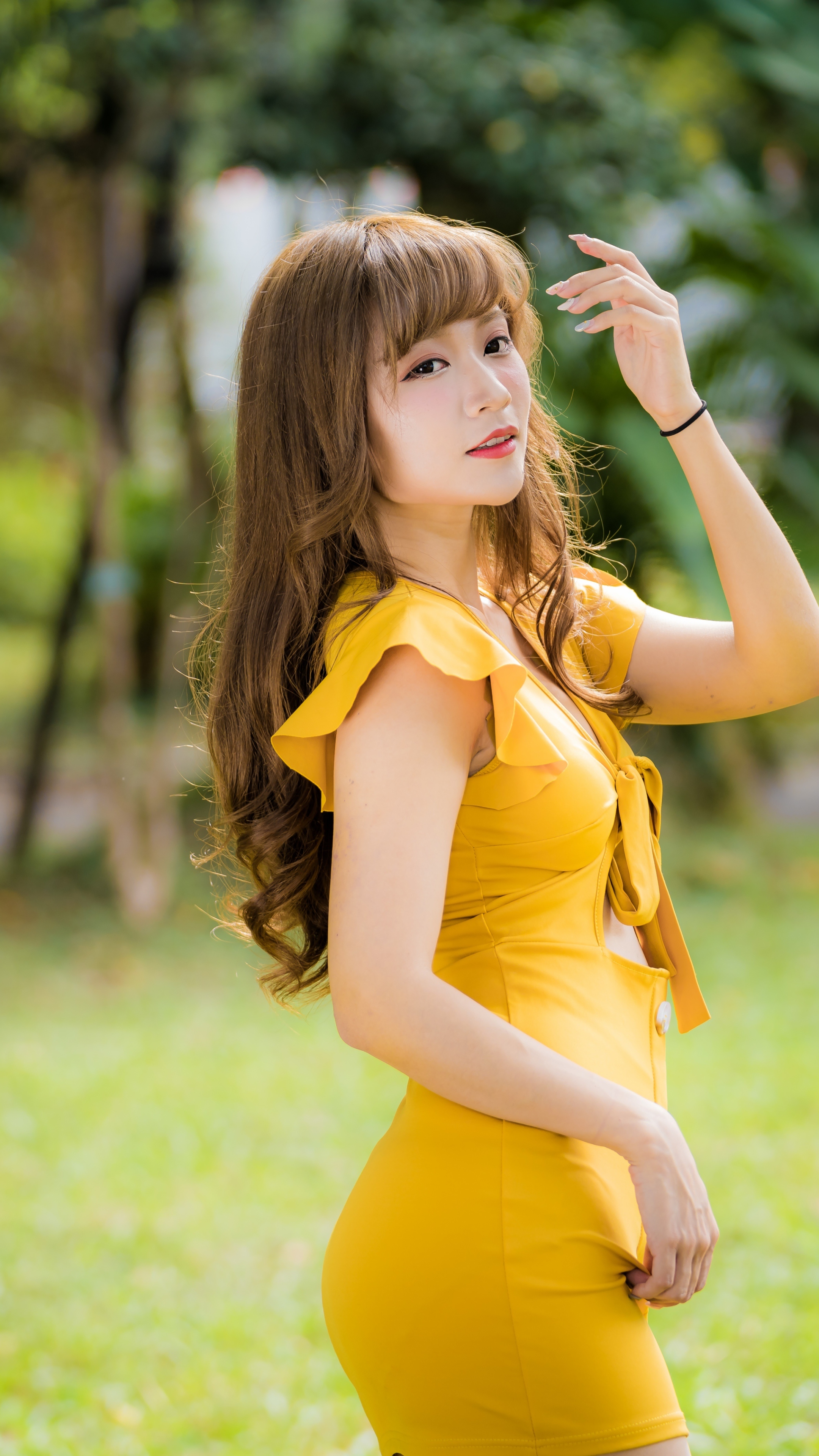 Download mobile wallpaper Brunette, Model, Women, Yellow Dress, Asian, Long Hair, Depth Of Field for free.