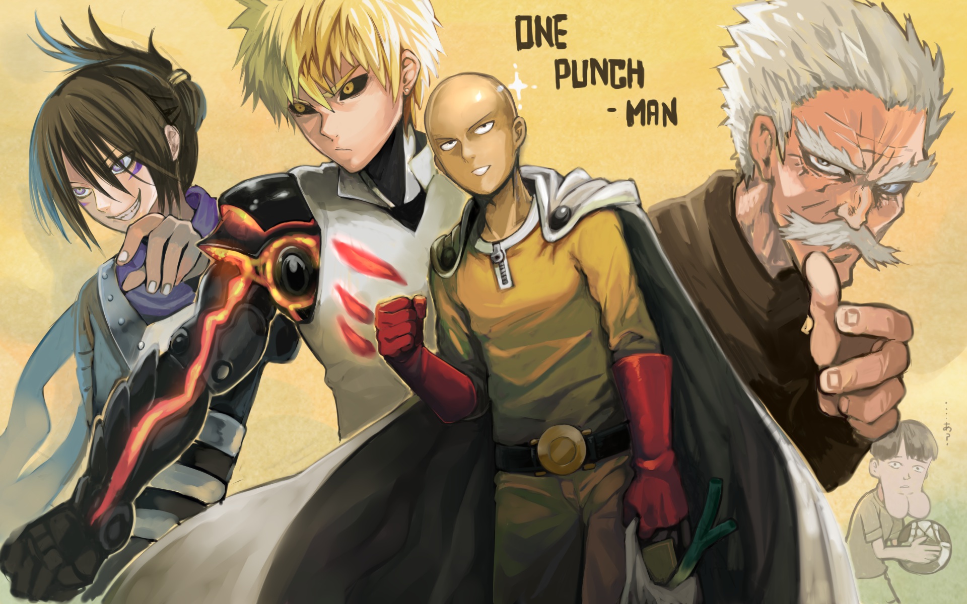 anime, one punch man, bang (one punch man), genos (one punch man), saitama (one punch man), sonic (one punch man)