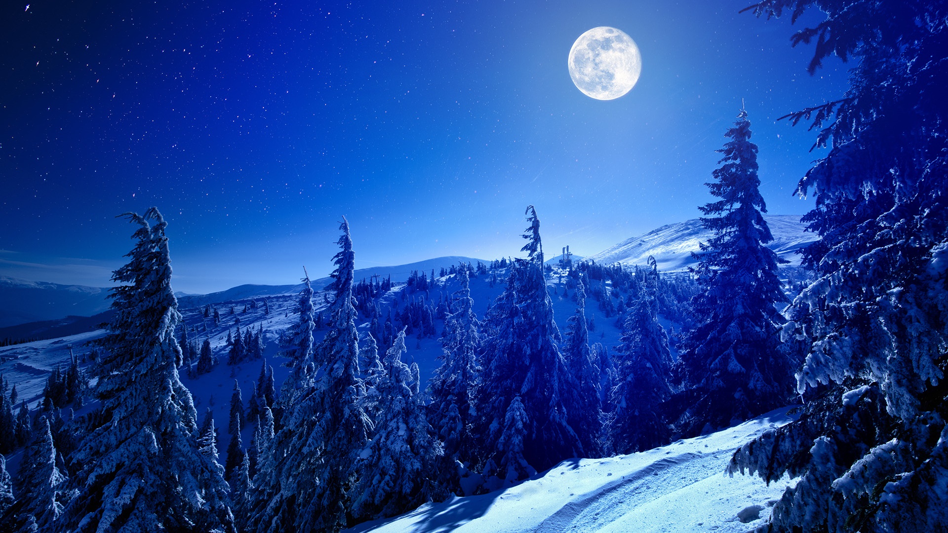 944921 завантажити картинку повний місяць, земля, зима, ліс, місяць, гора, сніг - шпалери і заставки безкоштовно