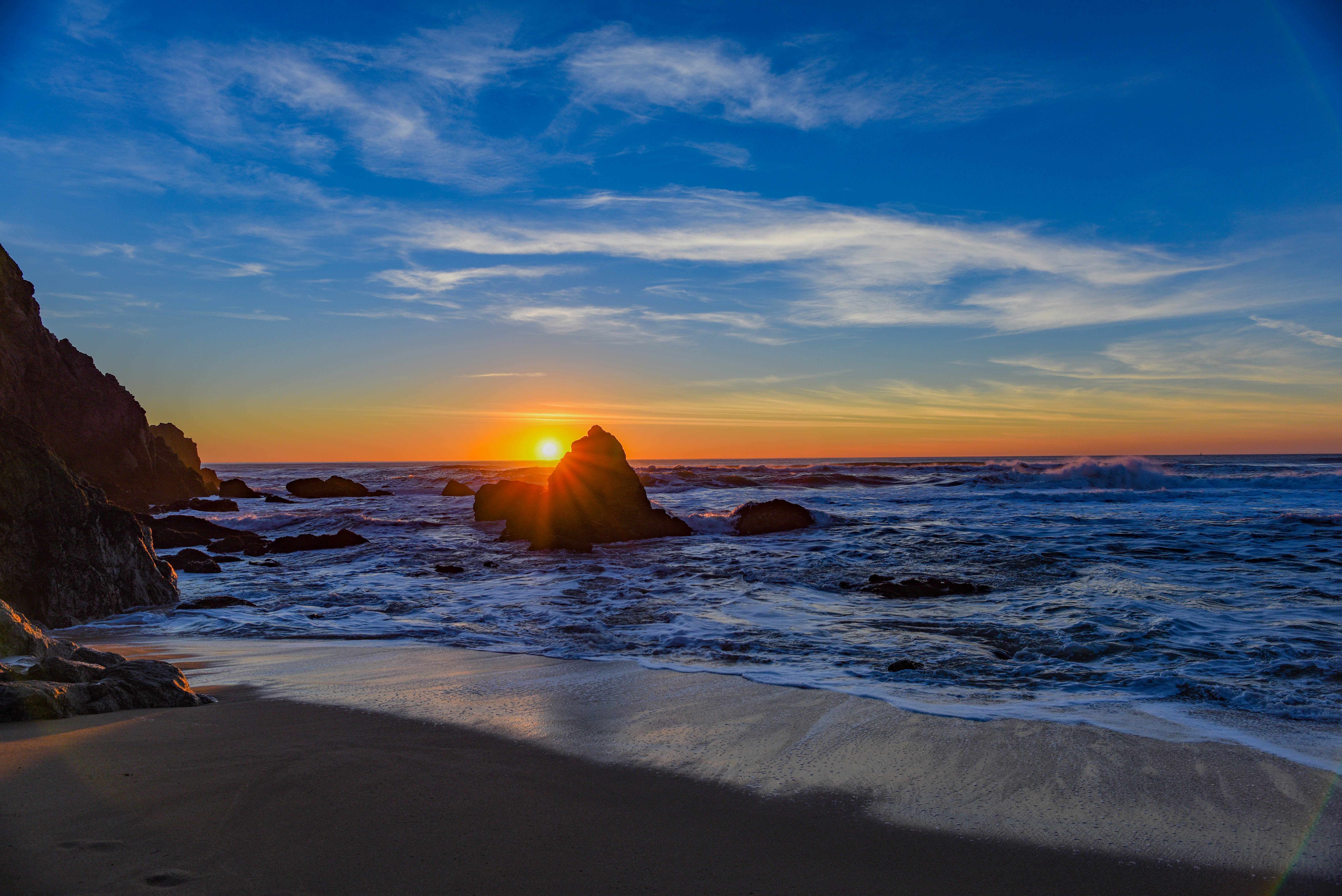 Free download wallpaper Sunset, Rocks, Shore, Bank, Surf, Sea, Nature on your PC desktop