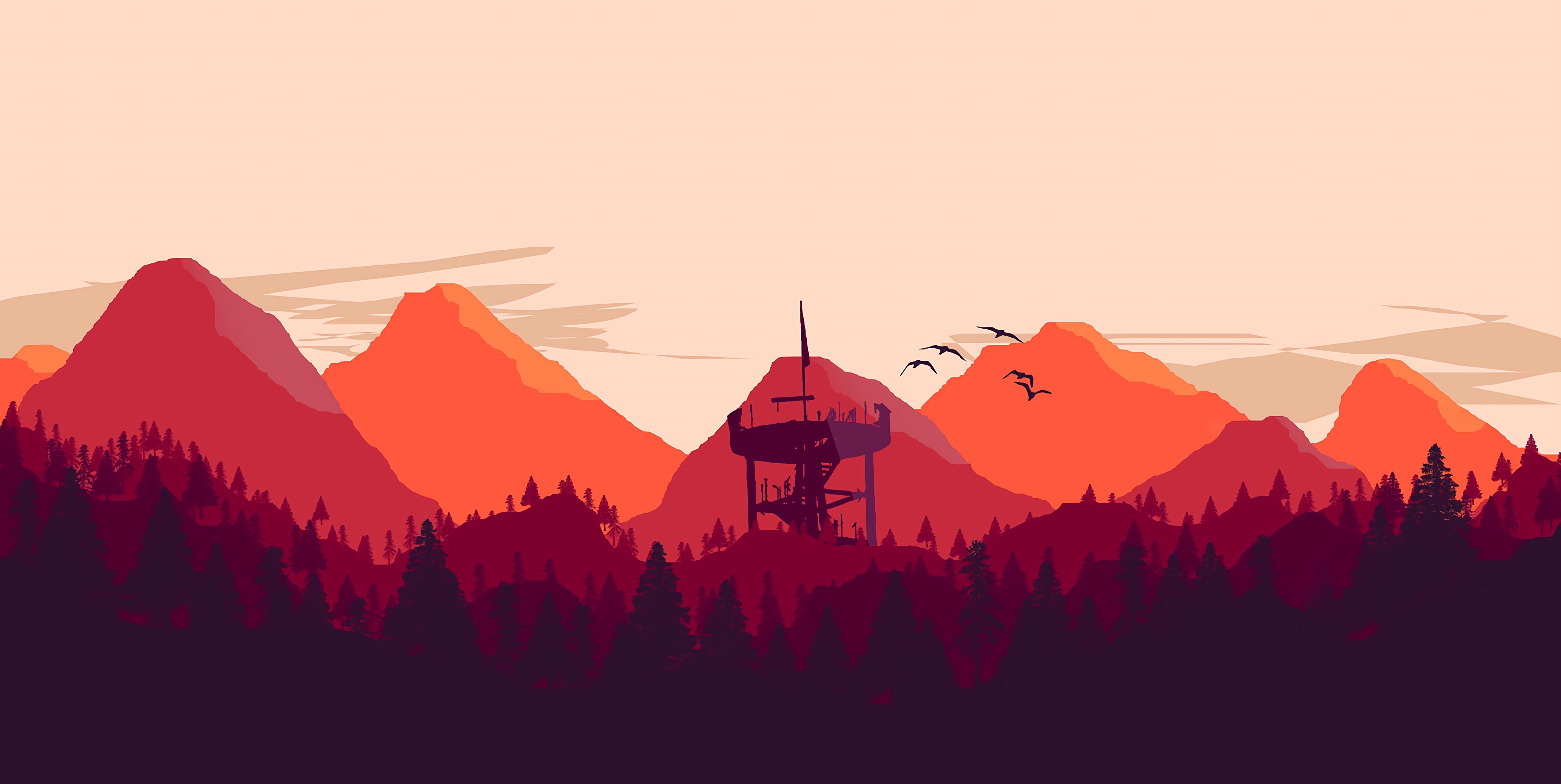 Desktop FHD vector, mountains, forest, art, tower