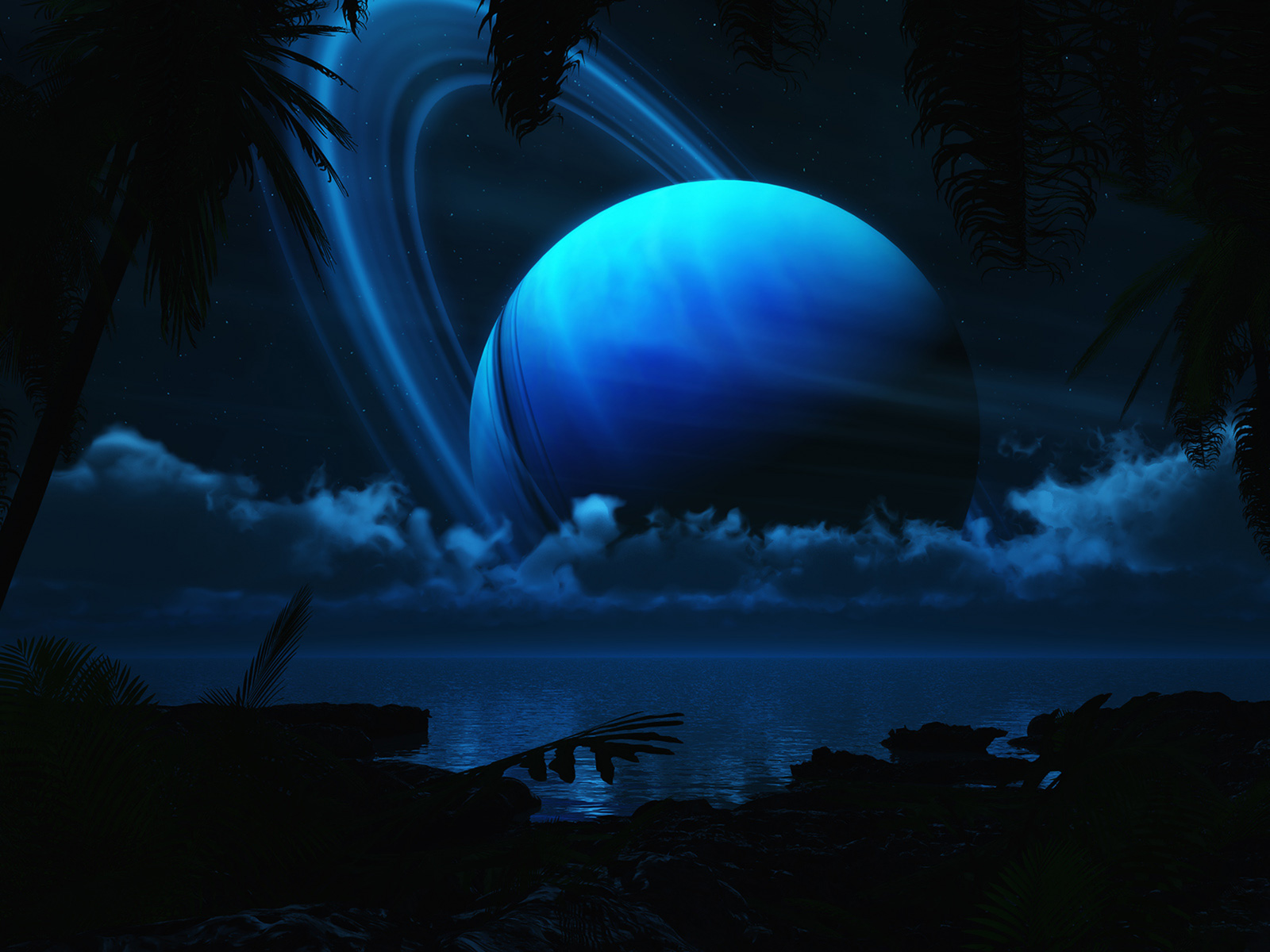 Free download wallpaper Ocean, Planet, Sci Fi, Planet Rise, Palm Tree on your PC desktop