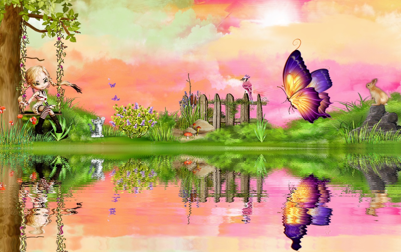 Free download wallpaper Landscape, Water, Bird, Artistic, Cute on your PC desktop