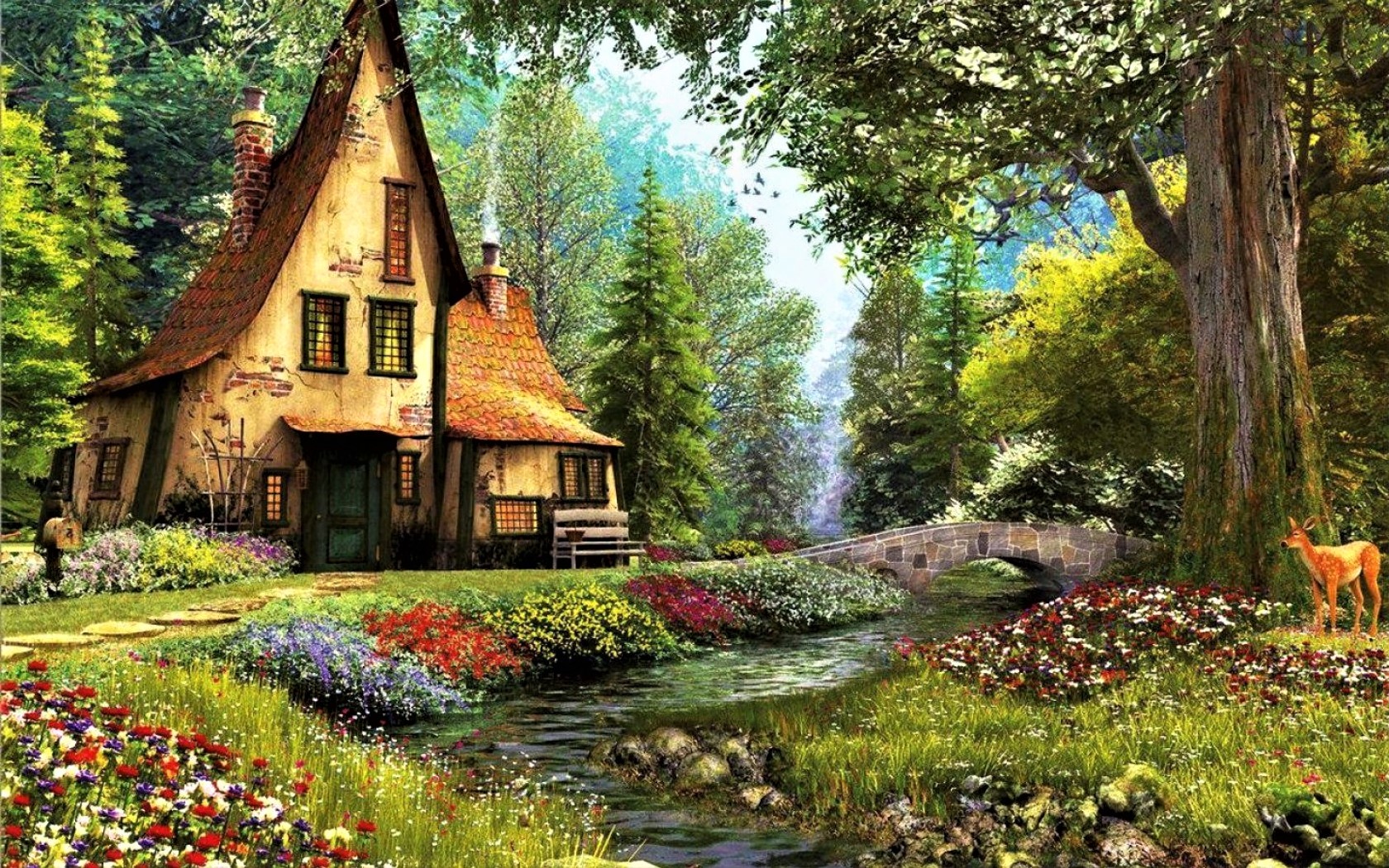 Download mobile wallpaper Flower, Tree, House, Colorful, Painting, Deer, Artistic, Cottage for free.