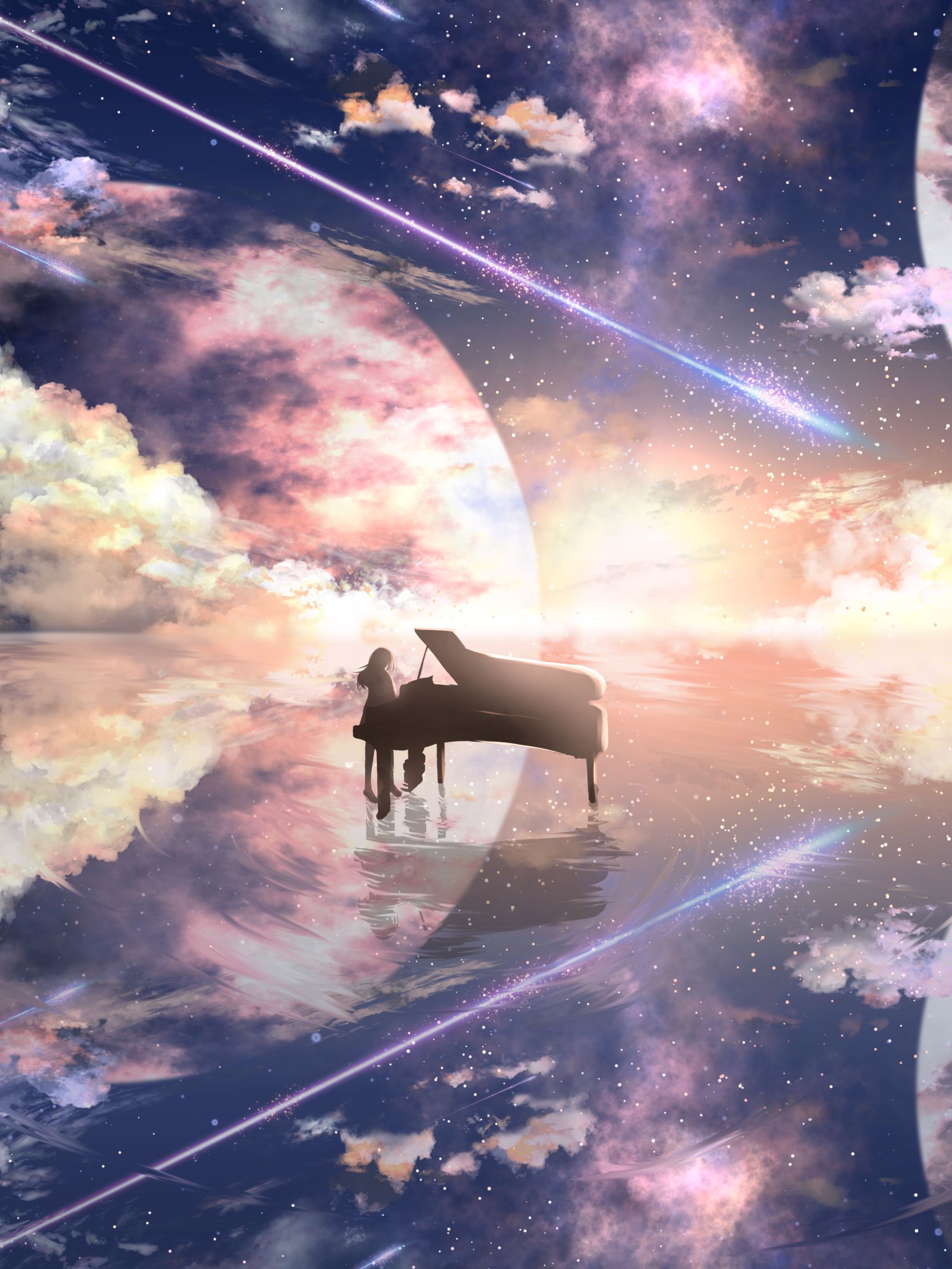 Baixar papel de parede para celular de Anime, Piano, Reflexão, Céu Estrelado, Planeta, Nuvem, Estrela Cadente gratuito.