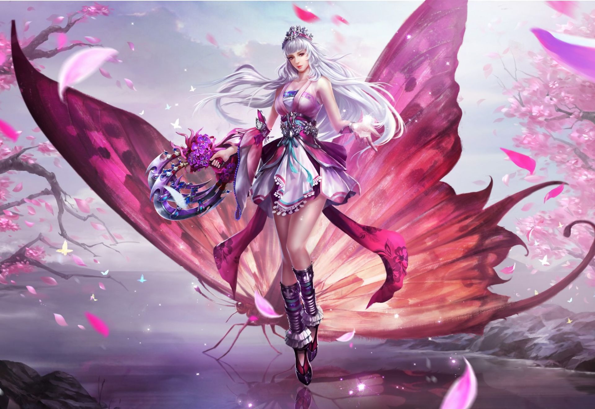 Download mobile wallpaper Fantasy, Sakura, Crown, Butterfly, Wings, Fairy, Long Hair, White Hair for free.