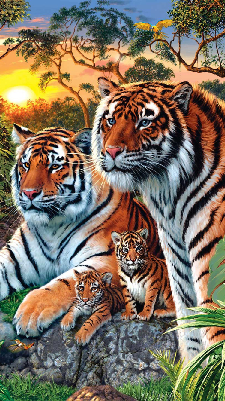 Download mobile wallpaper Cats, Bird, Forest, Tiger, Animal for free.
