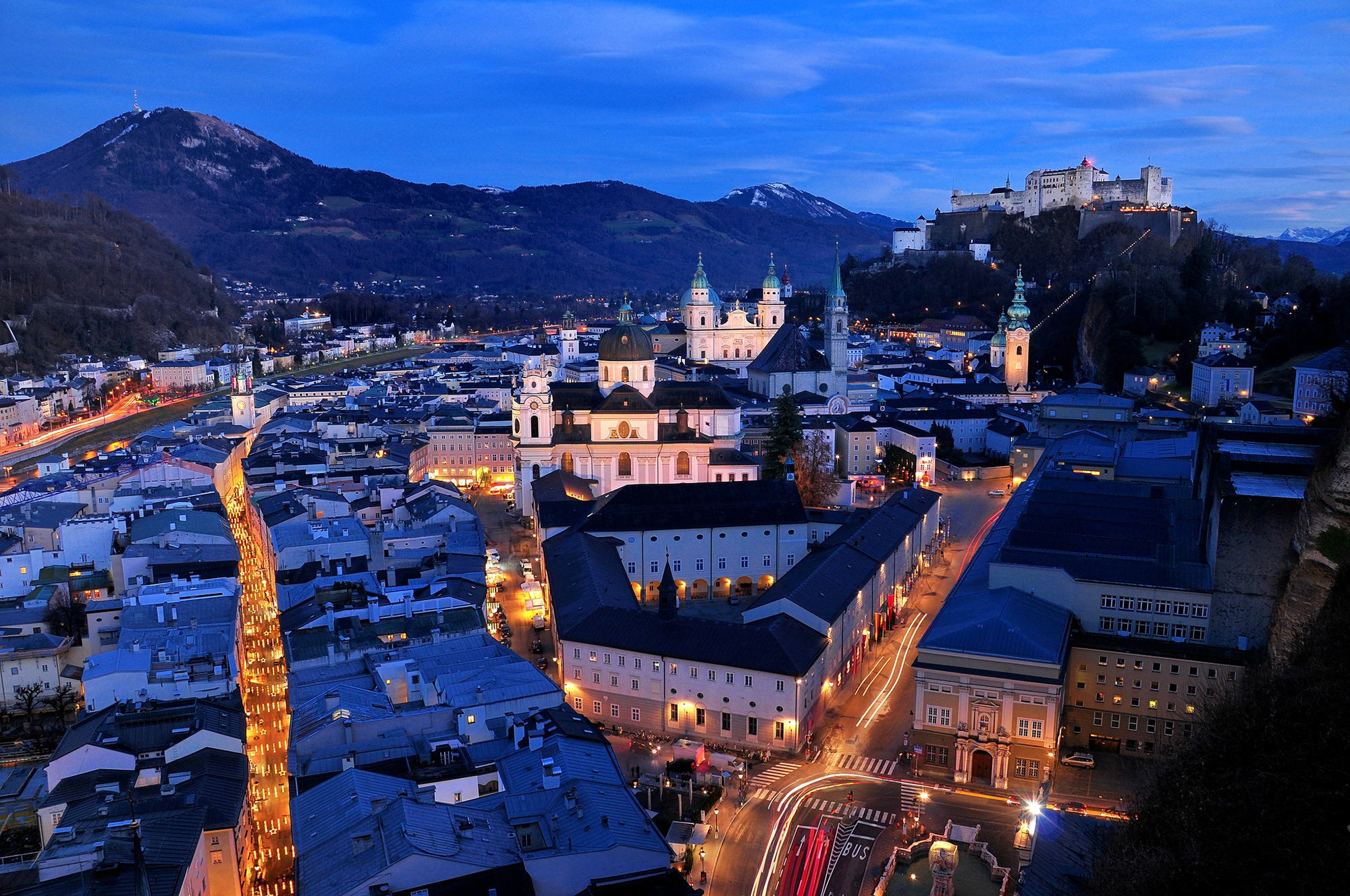austria, salzburg, night, streets, cities, building, view from above