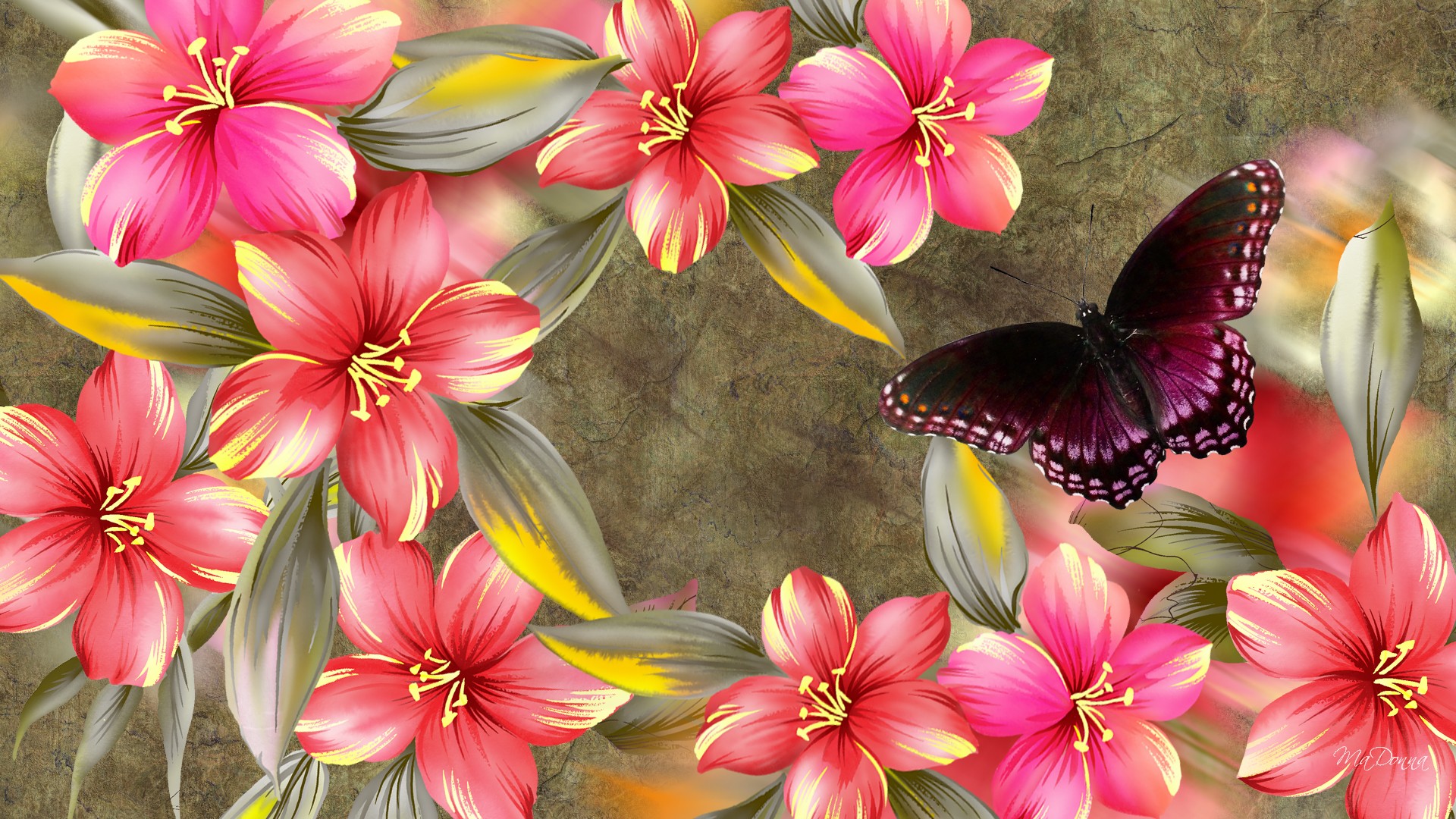 hibiscus, spring, butterfly, artistic, flower, pink, purple, flowers
