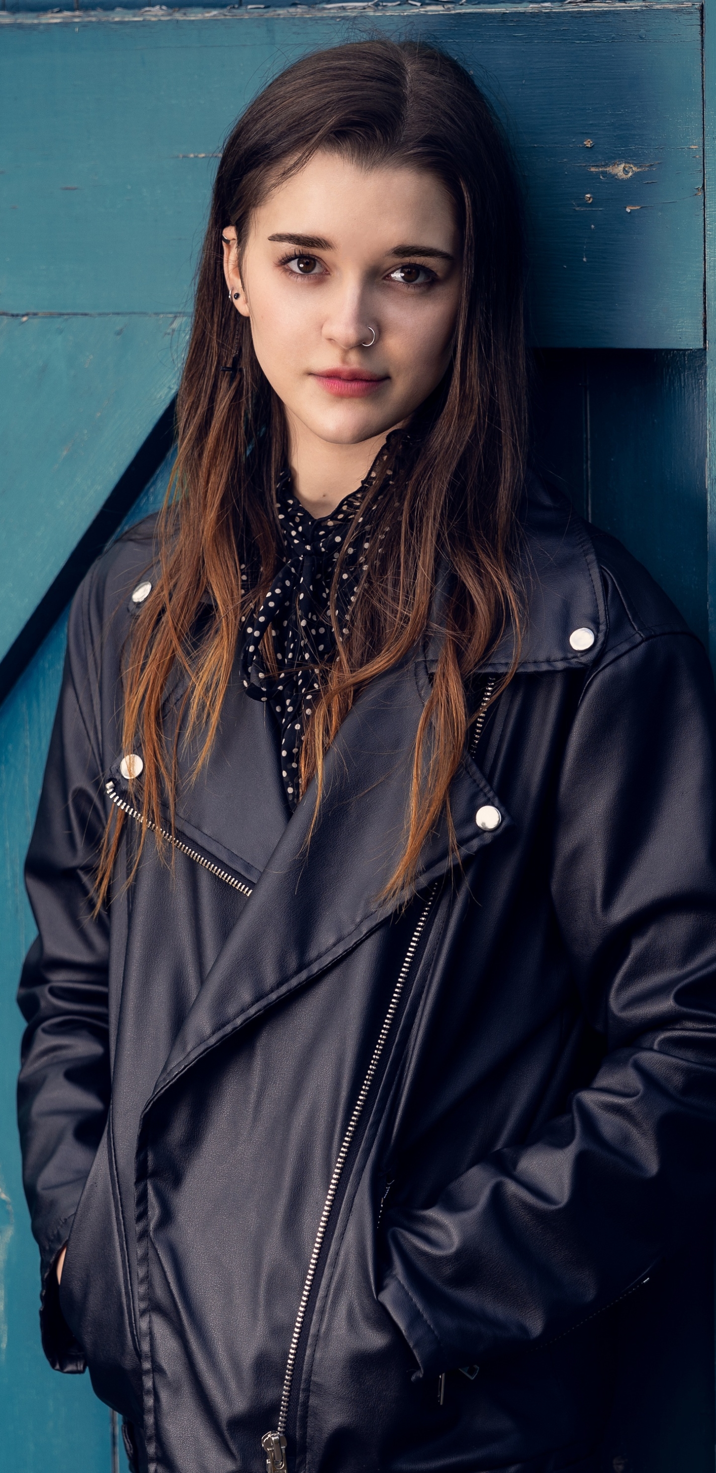 Download mobile wallpaper Brunette, Model, Women, Brown Eyes, Leather Jacket for free.