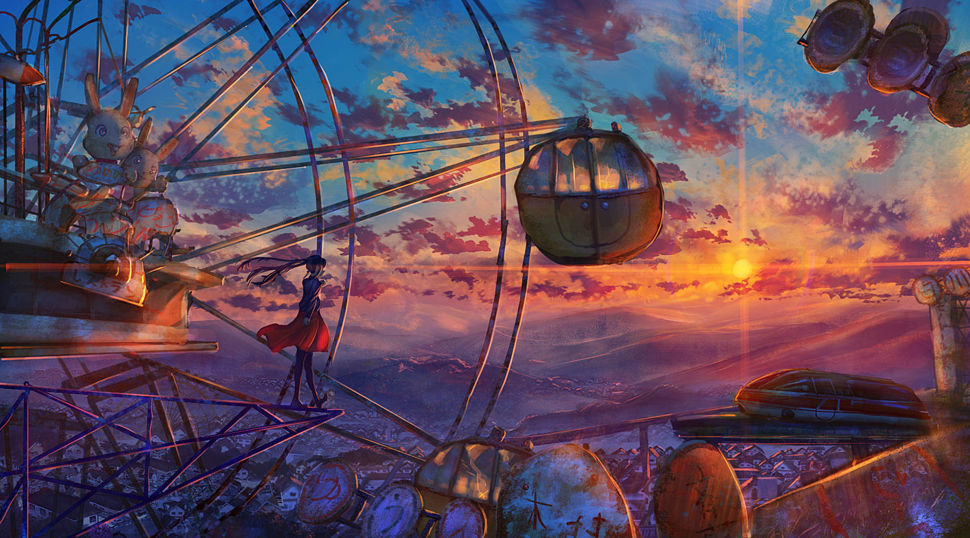 Baixe gratuitamente a imagem Anime, Pôr Do Sol, Cidade, Roda Gigante, Original na área de trabalho do seu PC