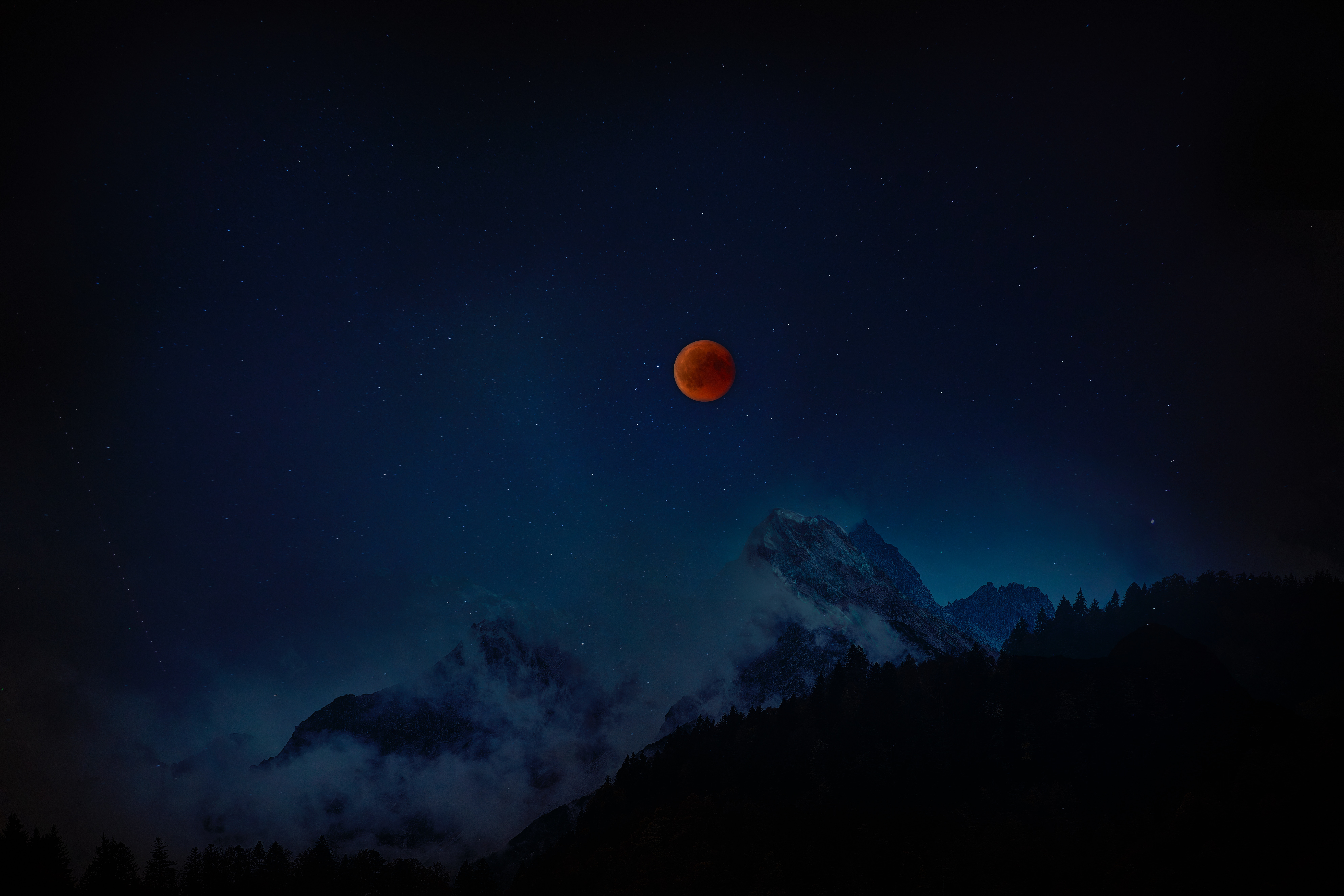 122062 скачать картинку космос, горы, ночь, звездное небо, полнолуние, красная луна - обои и заставки бесплатно
