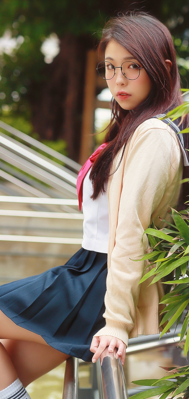 Download mobile wallpaper Brunette, Model, Skirt, Women, Asian, School Uniform for free.