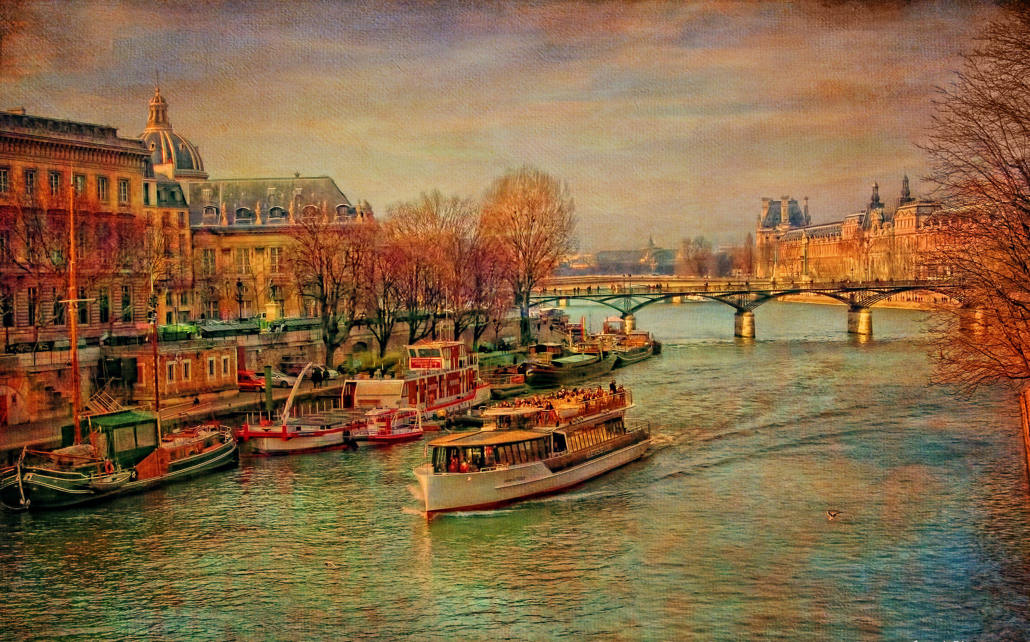 Download mobile wallpaper Paris, City, France, Bridge, Boat, Colorful, Painting, Artistic, River for free.