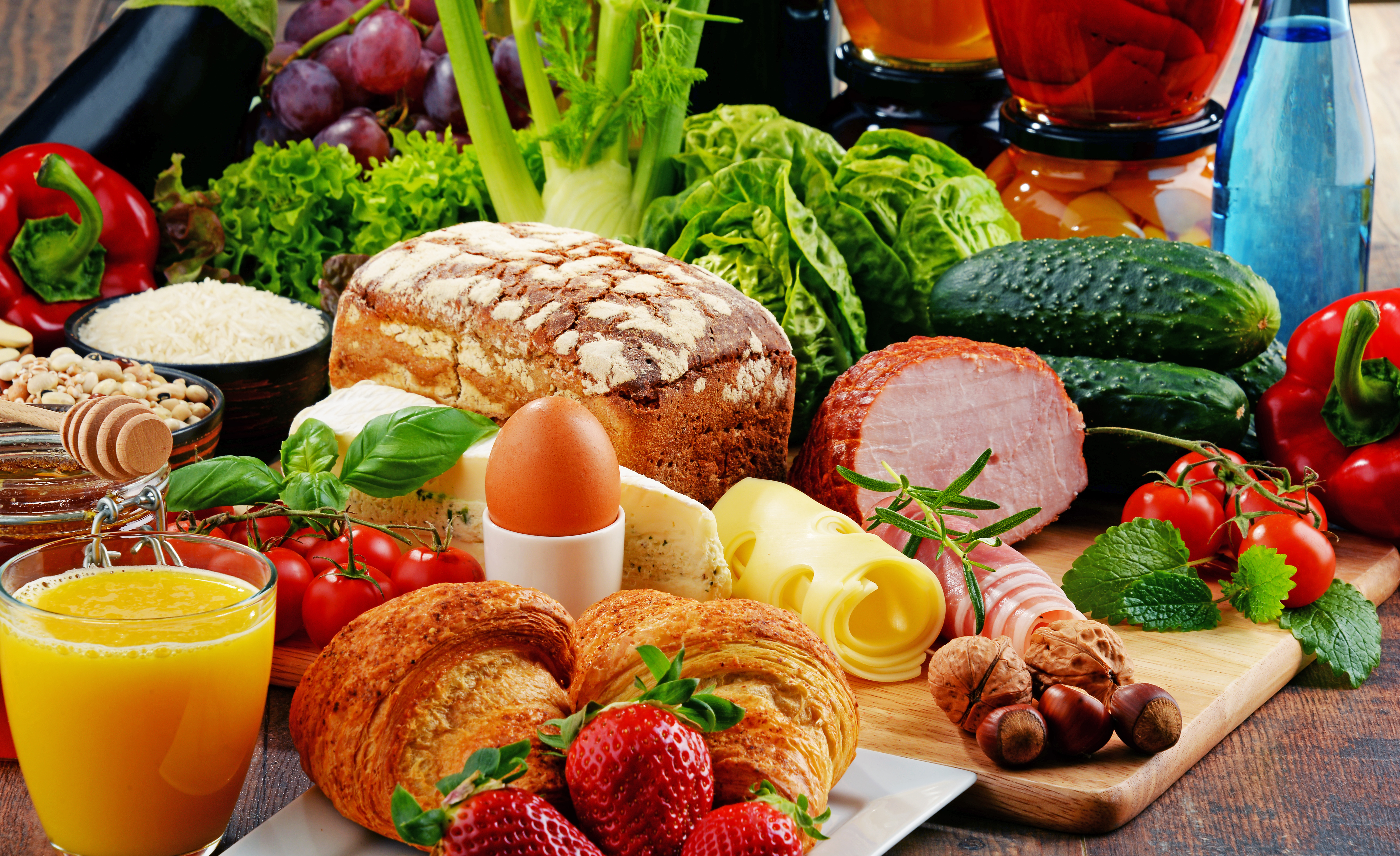 vegetable, bread, food, still life, cheese, croissant, egg, juice, meat, strawberry